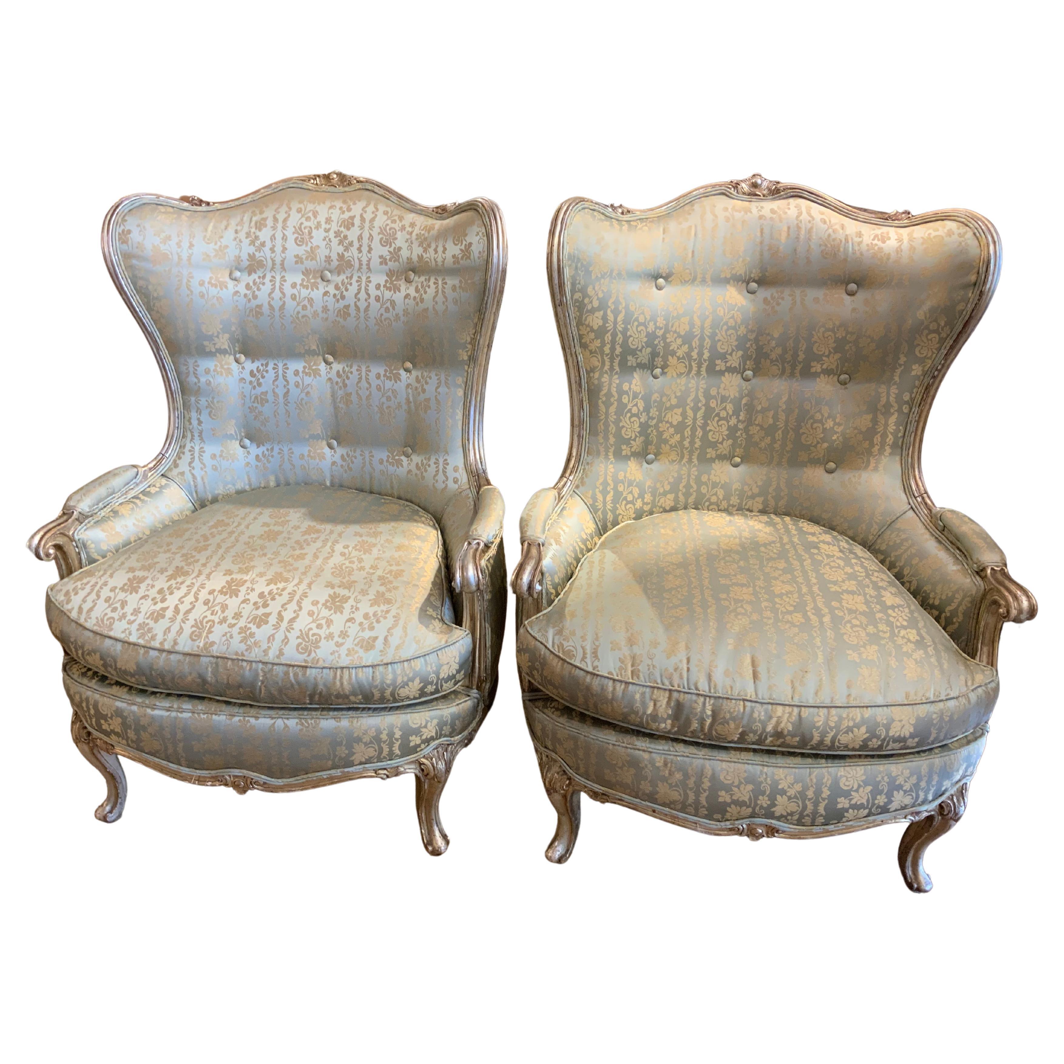 Pair of Silver Gilt Bergeres in Silk Fabric, Louis XV-Style