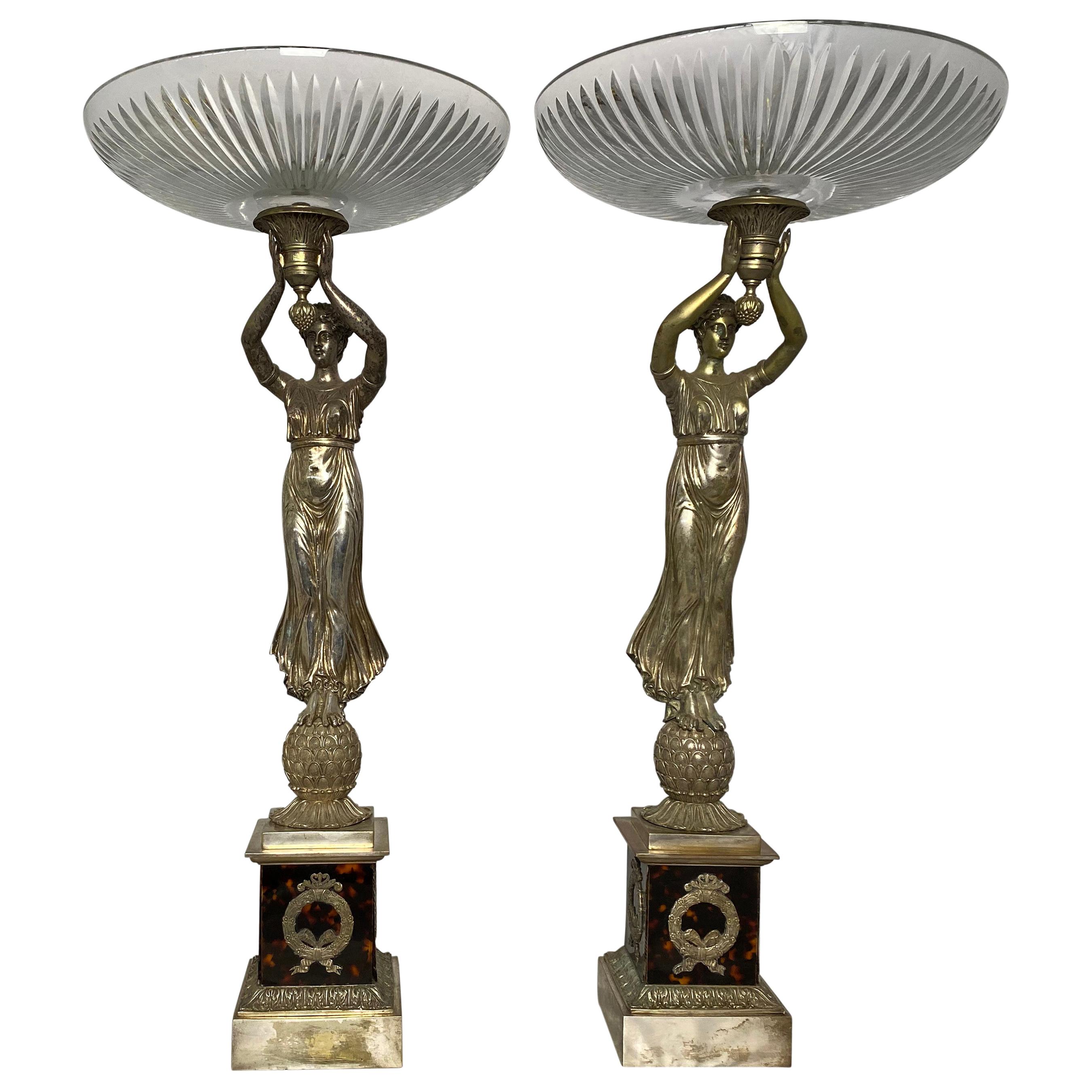 Pair of Silver Gilt Bronze French Tazzas with Tortoiseshell, 19th Century For Sale