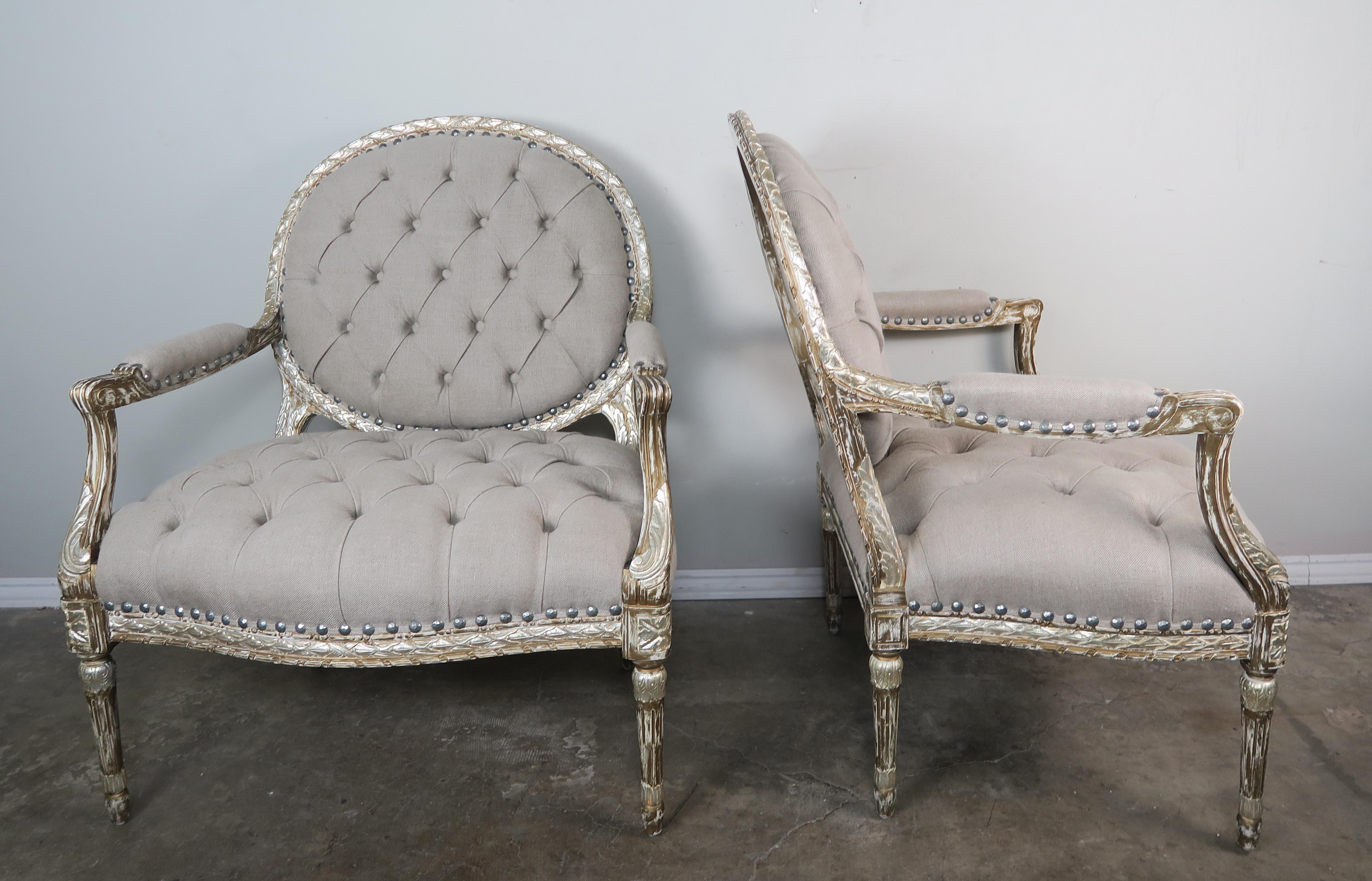 Italian Pair of Silver Gilt Carved Neoclassical Style Armchairs