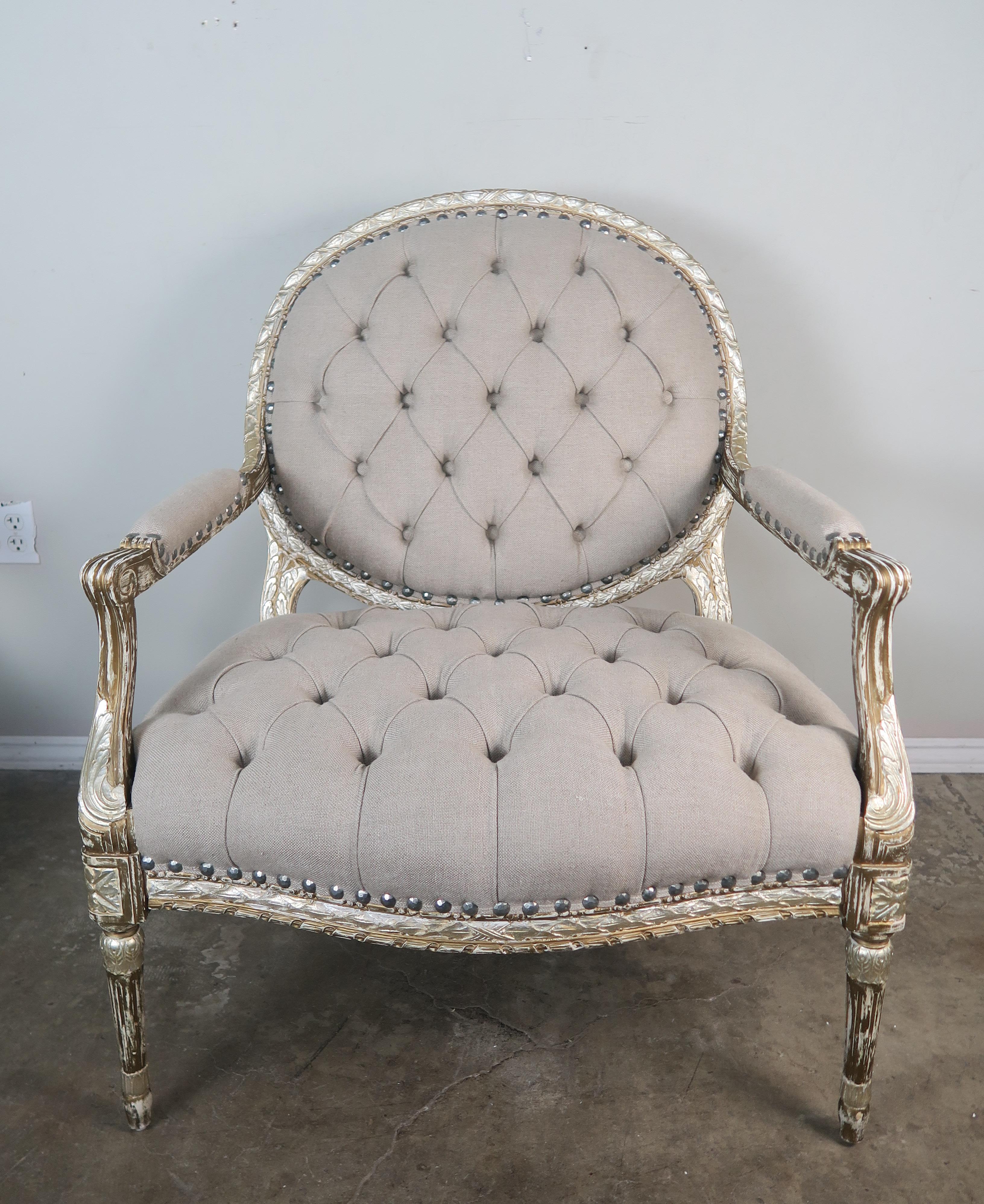 Pair of Silver Gilt Carved Neoclassical Style Armchairs In Distressed Condition In Los Angeles, CA