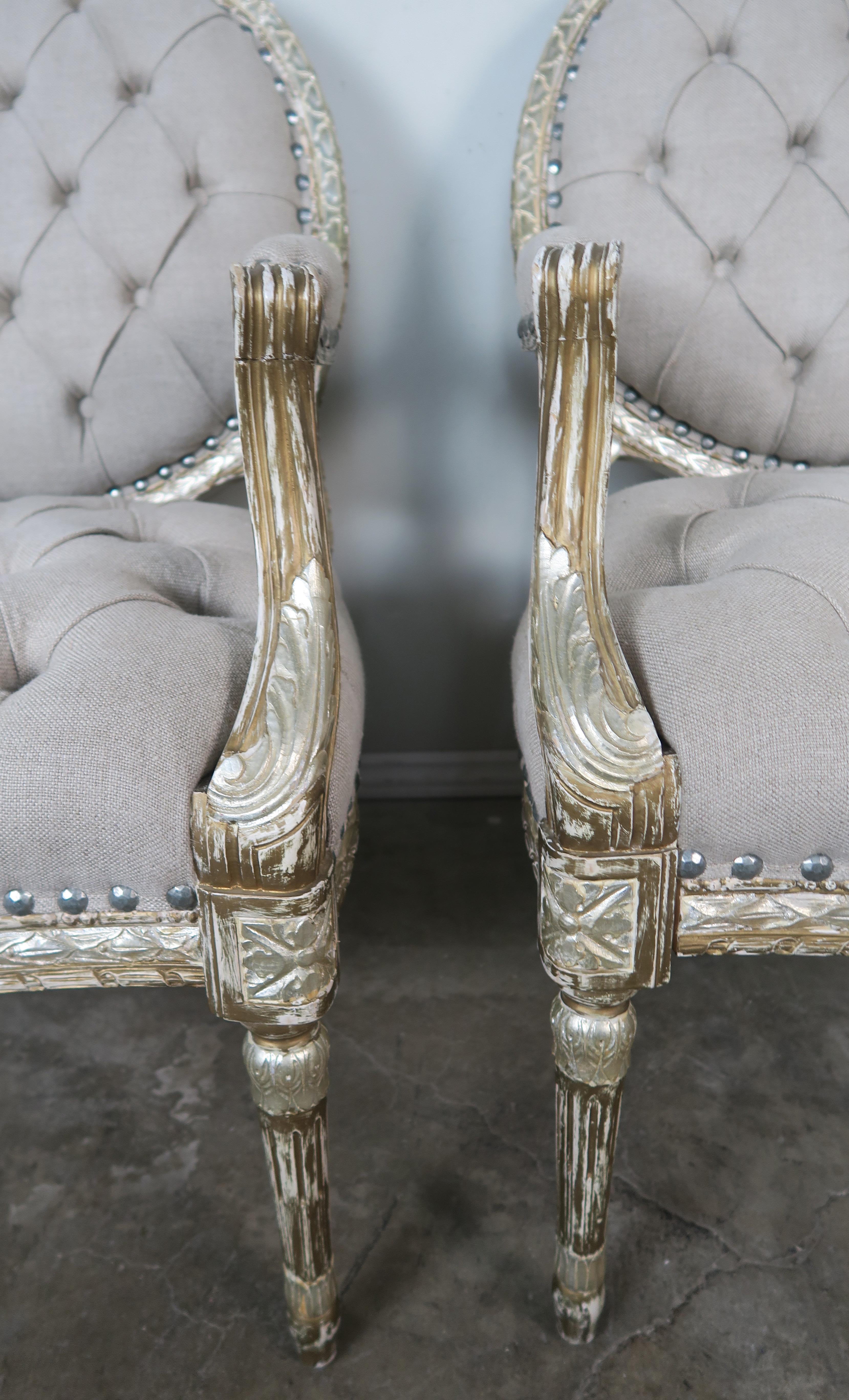 Silver Leaf Pair of Silver Gilt Carved Neoclassical Style Armchairs