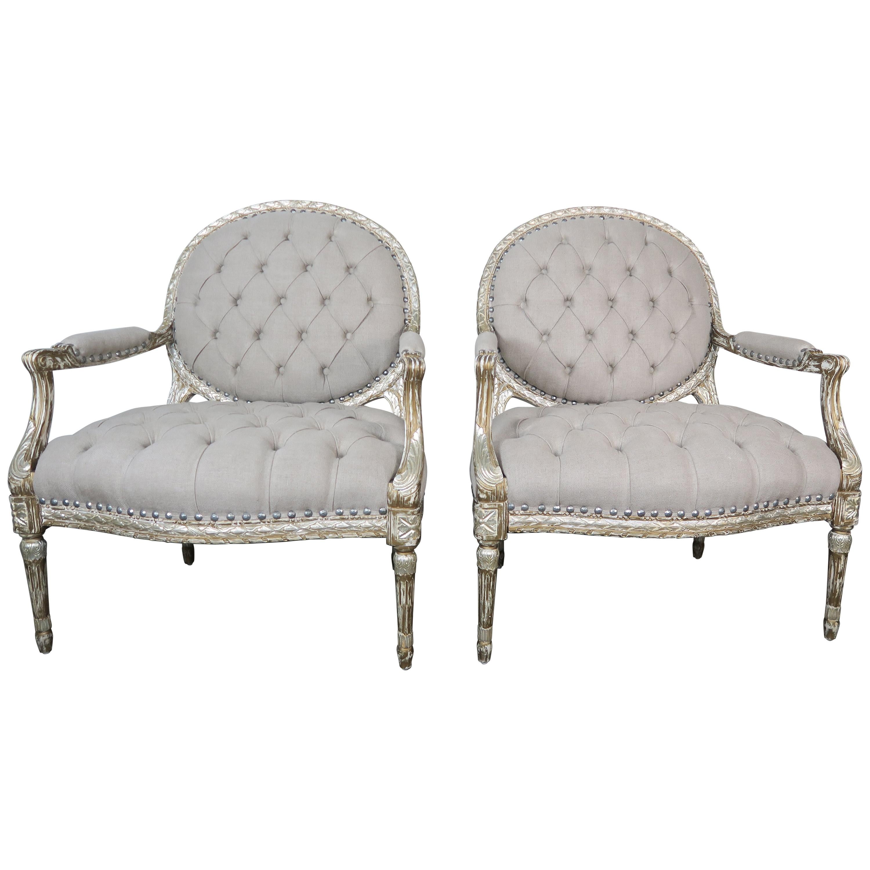 Pair of Silver Gilt Carved Neoclassical Style Armchairs