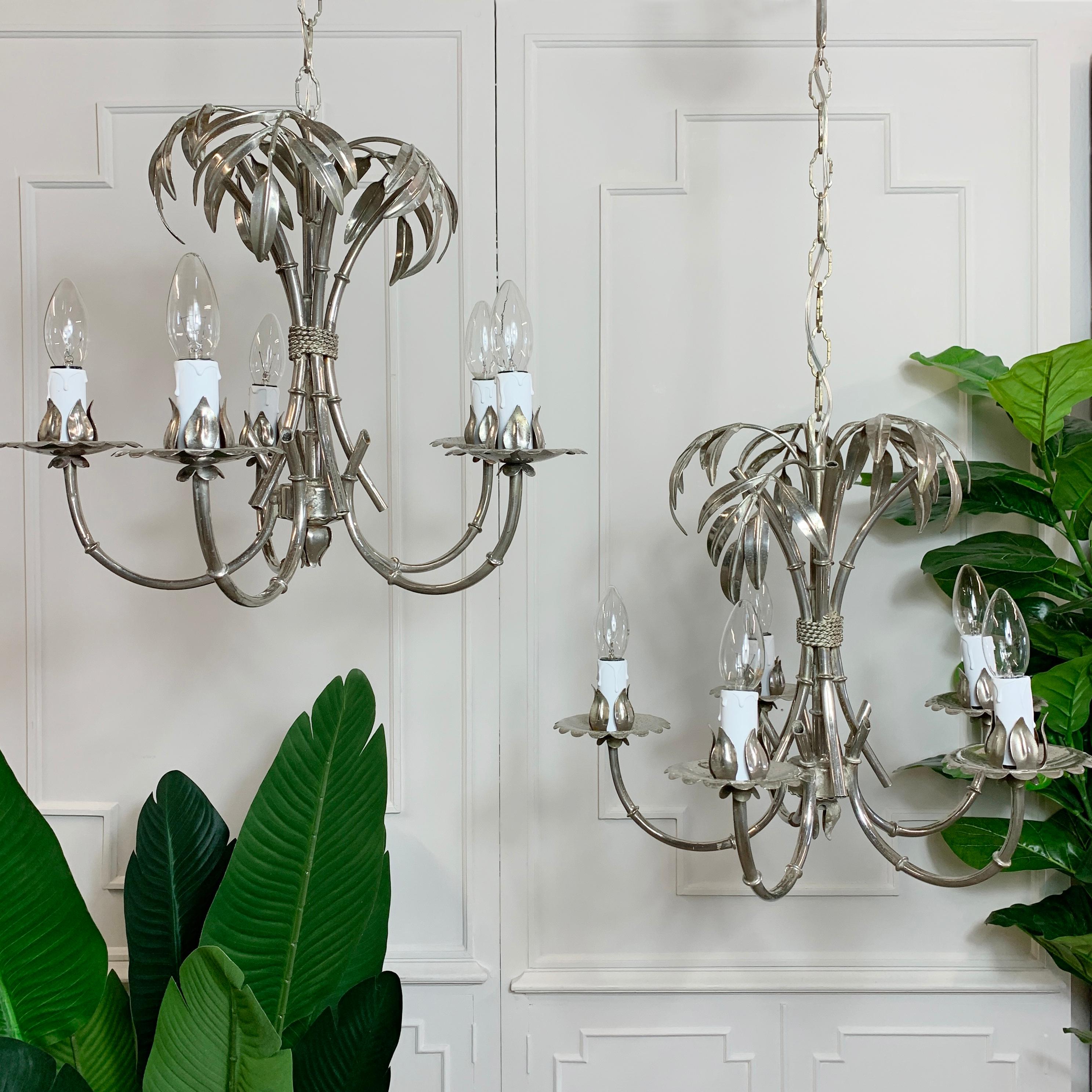A sensational pair of very rare Hans Kogl Faux Bamboo chandeliers finished in gilt silver. Dating to the 1970's, both chandeliers are in superb condition for their age, fully rewired and PAT tested. Very unusual to find this model in silver gilt,