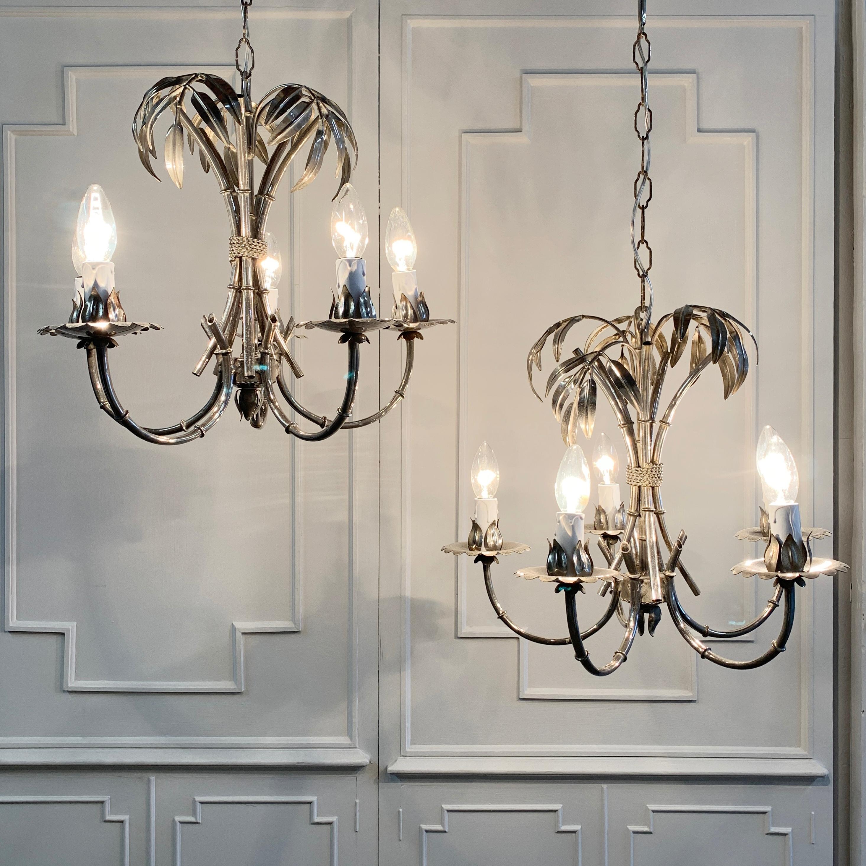 German Pair of Silver Gilt Hans Kogl Faux Bamboo Chandeliers