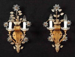 Pair of Silver Gilt Murano Rock Crystal Sconces By Banci Firenze