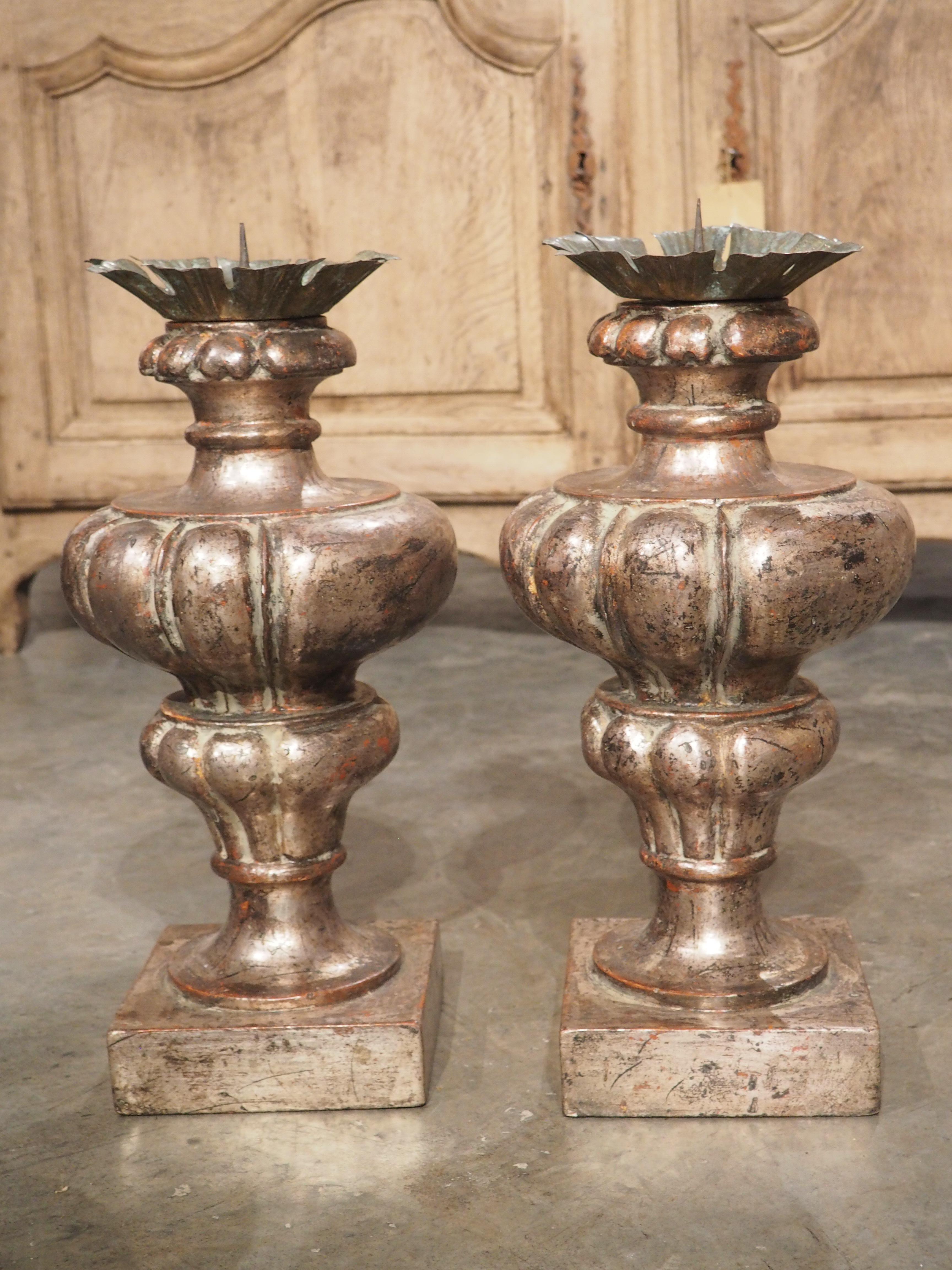 Pair of Silver Giltwood Pricket Candlesticks from Tuscany, Italy For Sale 2