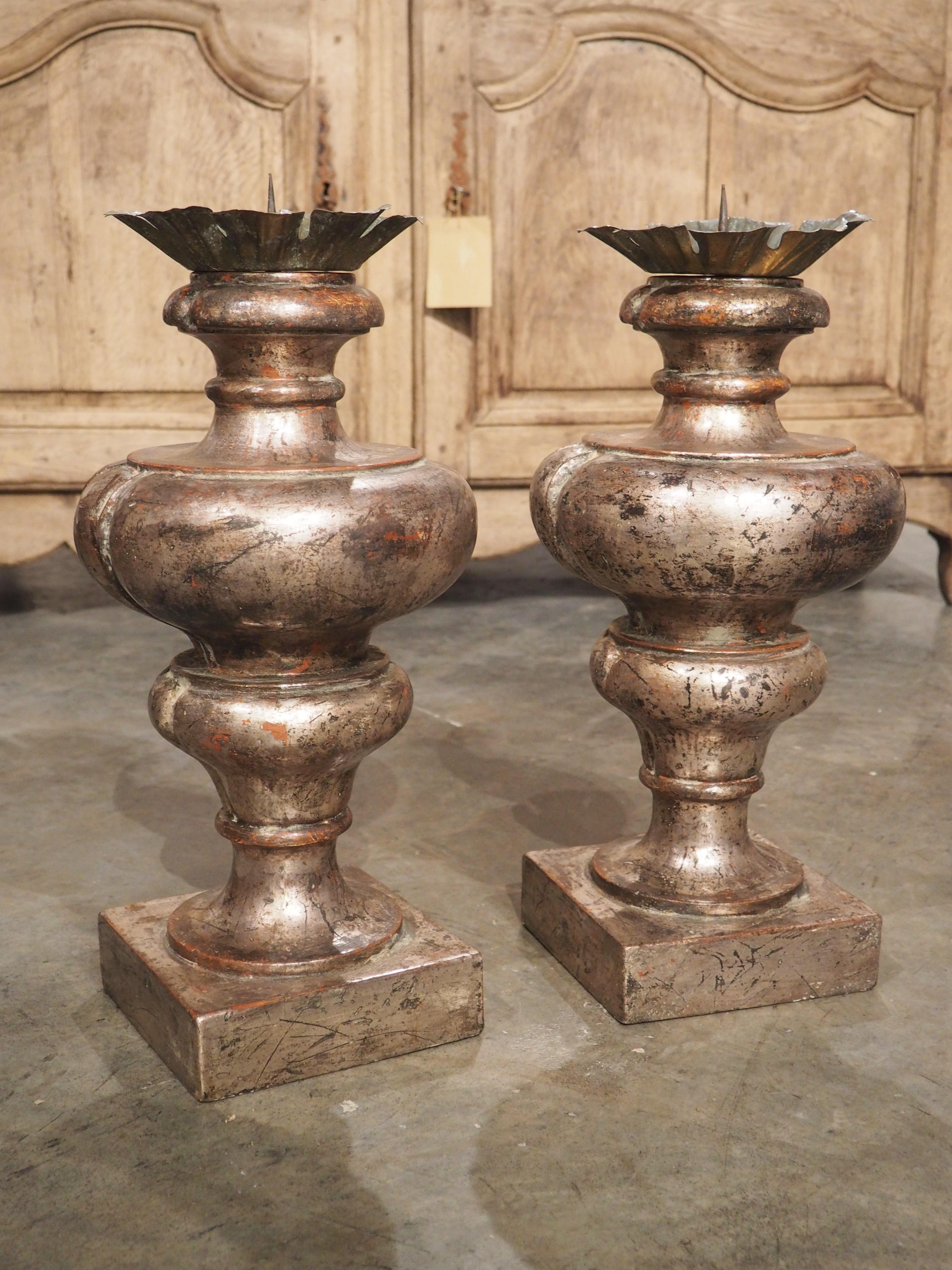 Pair of Silver Giltwood Pricket Candlesticks from Tuscany, Italy For Sale 3
