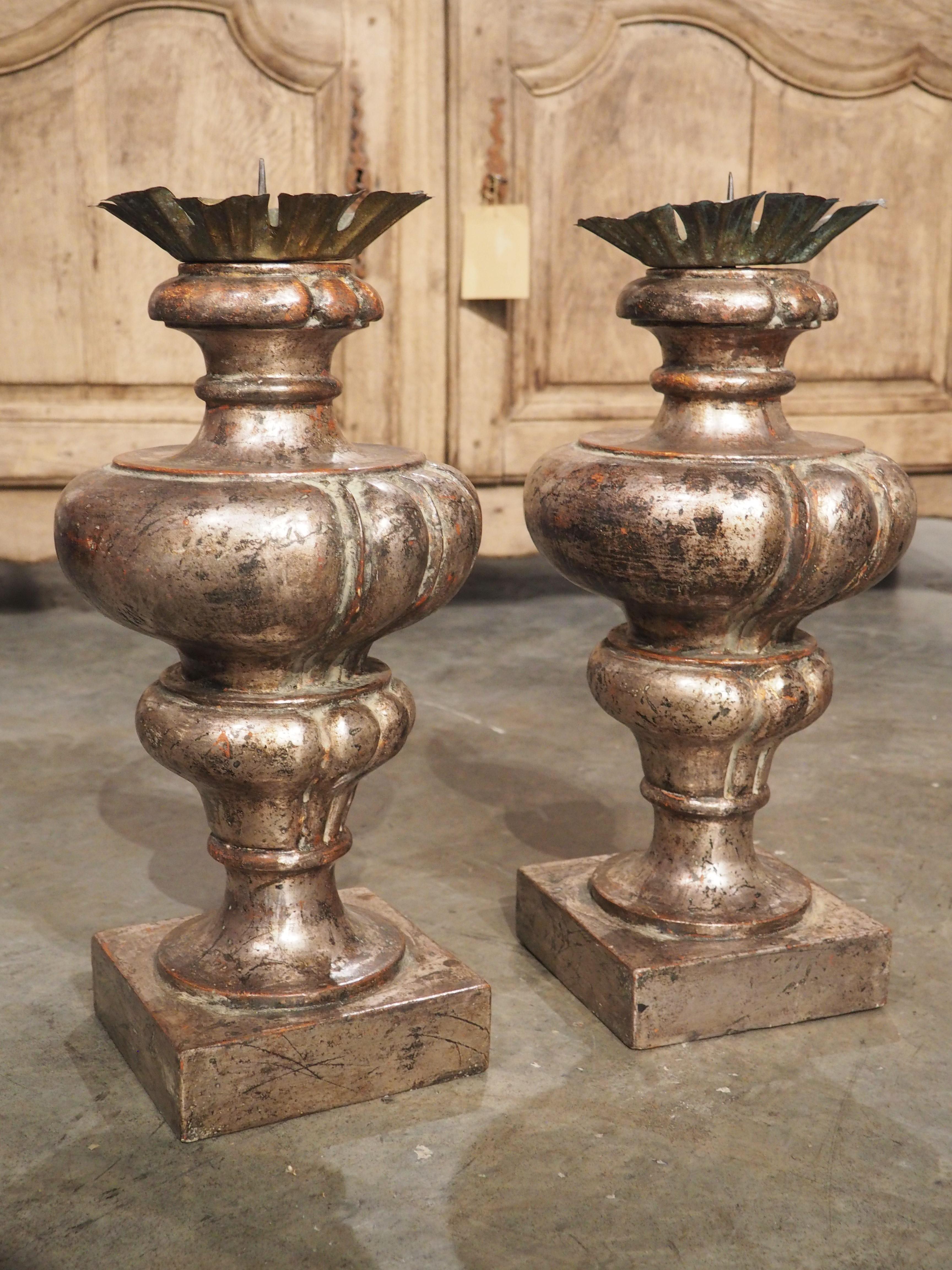 Pair of Silver Giltwood Pricket Candlesticks from Tuscany, Italy For Sale 4