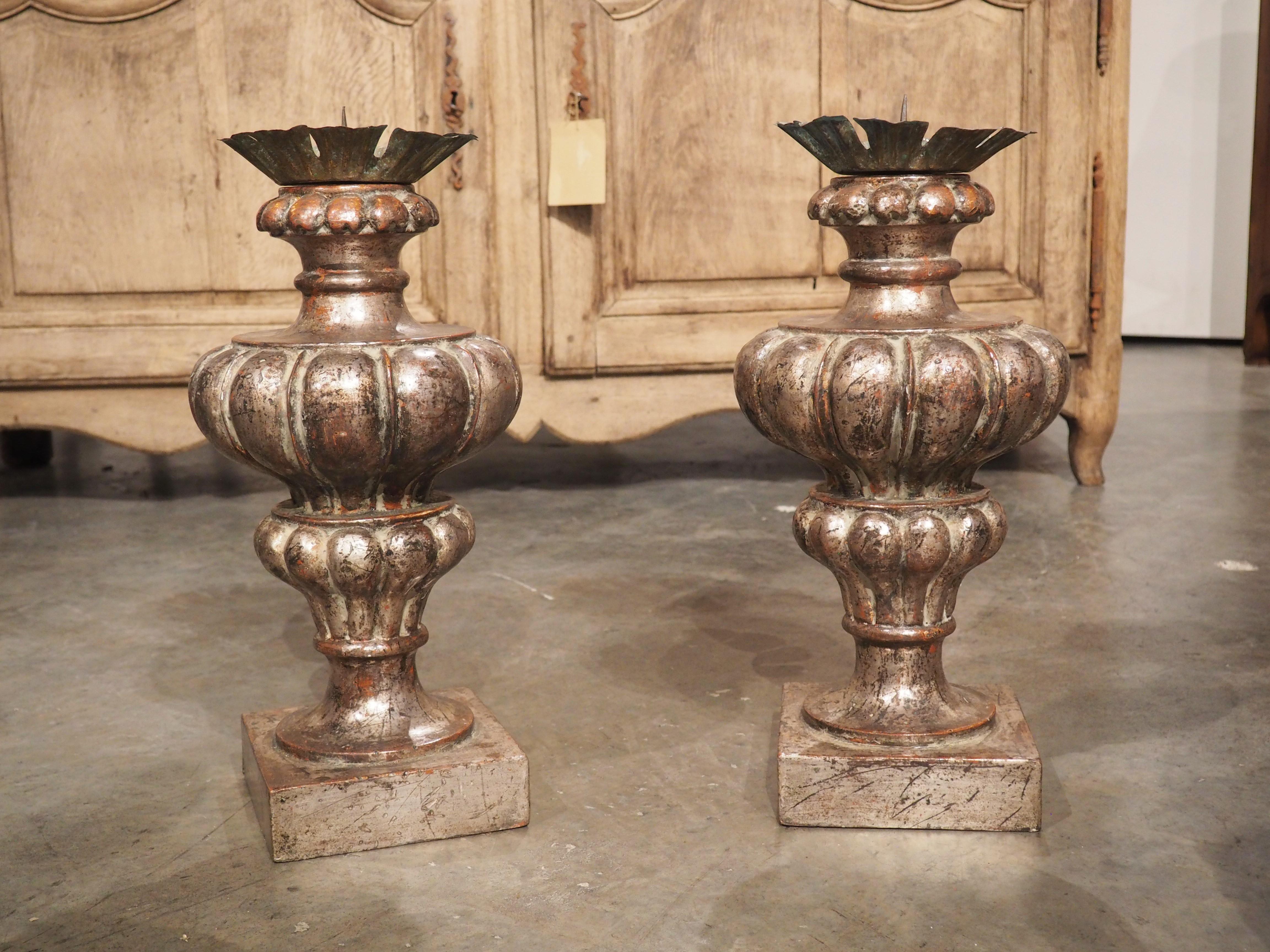 Pair of Silver Giltwood Pricket Candlesticks from Tuscany, Italy For Sale 5