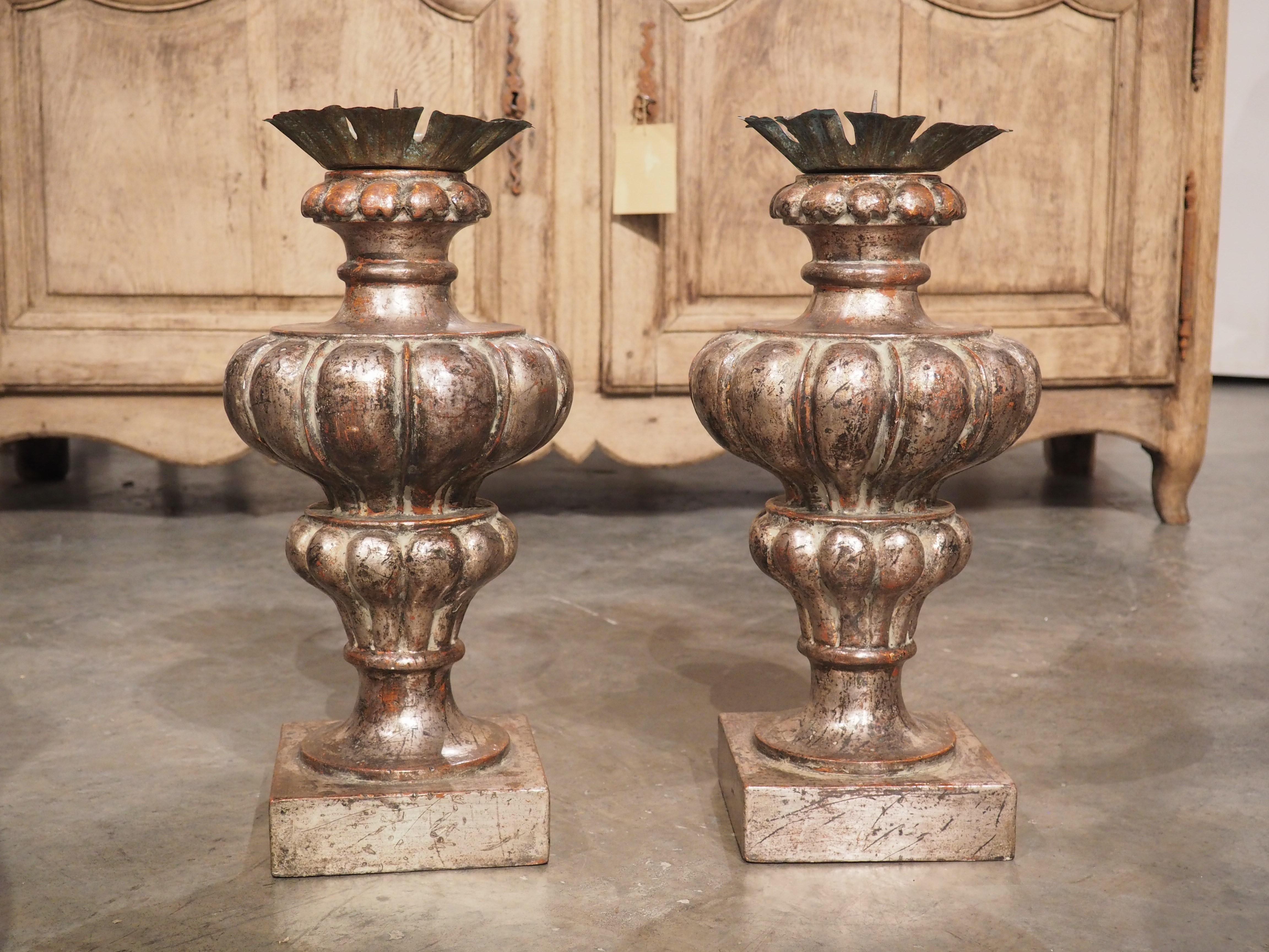 Pair of Silver Giltwood Pricket Candlesticks from Tuscany, Italy For Sale 7