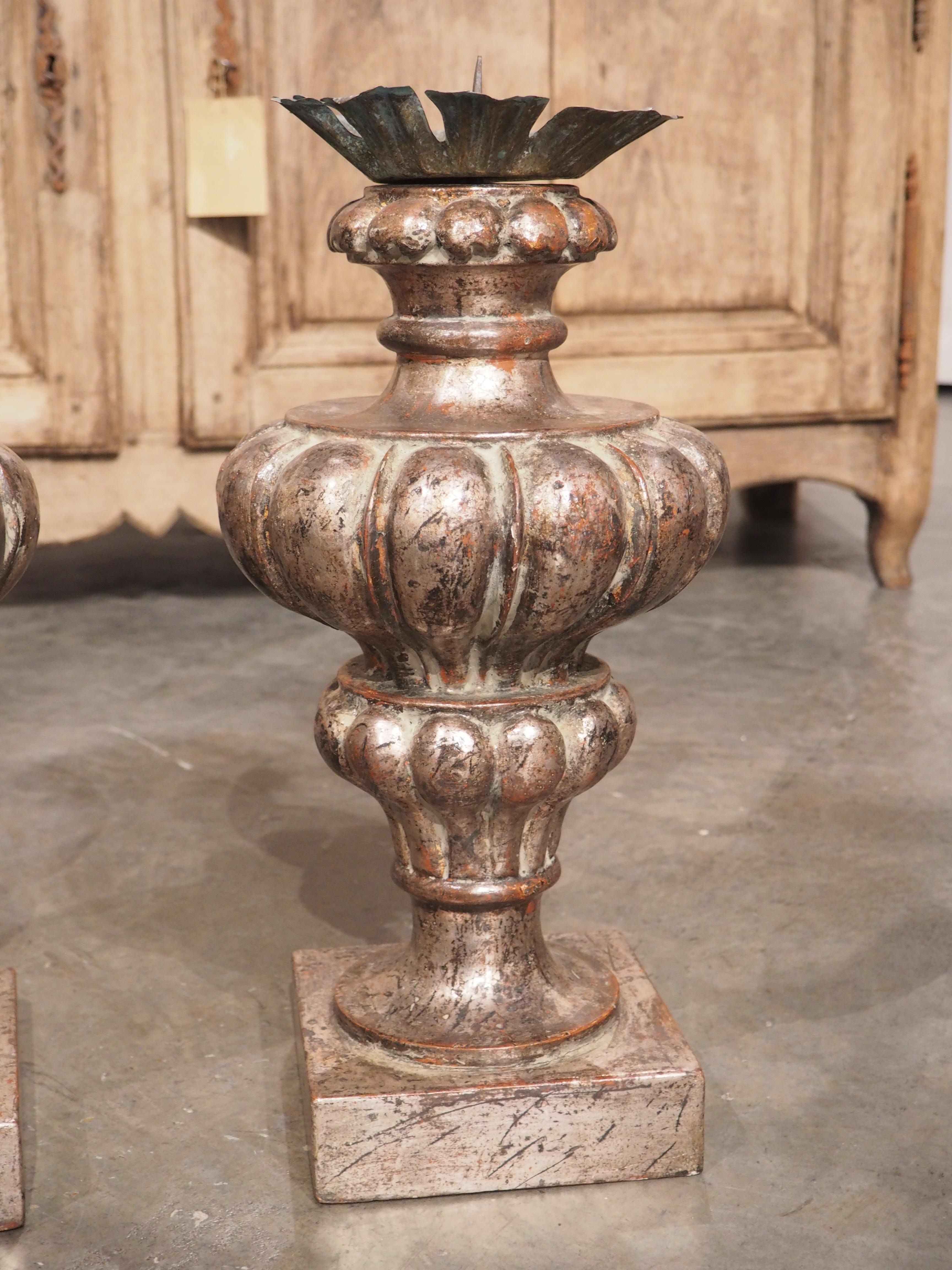 Baroque Pair of Silver Giltwood Pricket Candlesticks from Tuscany, Italy For Sale