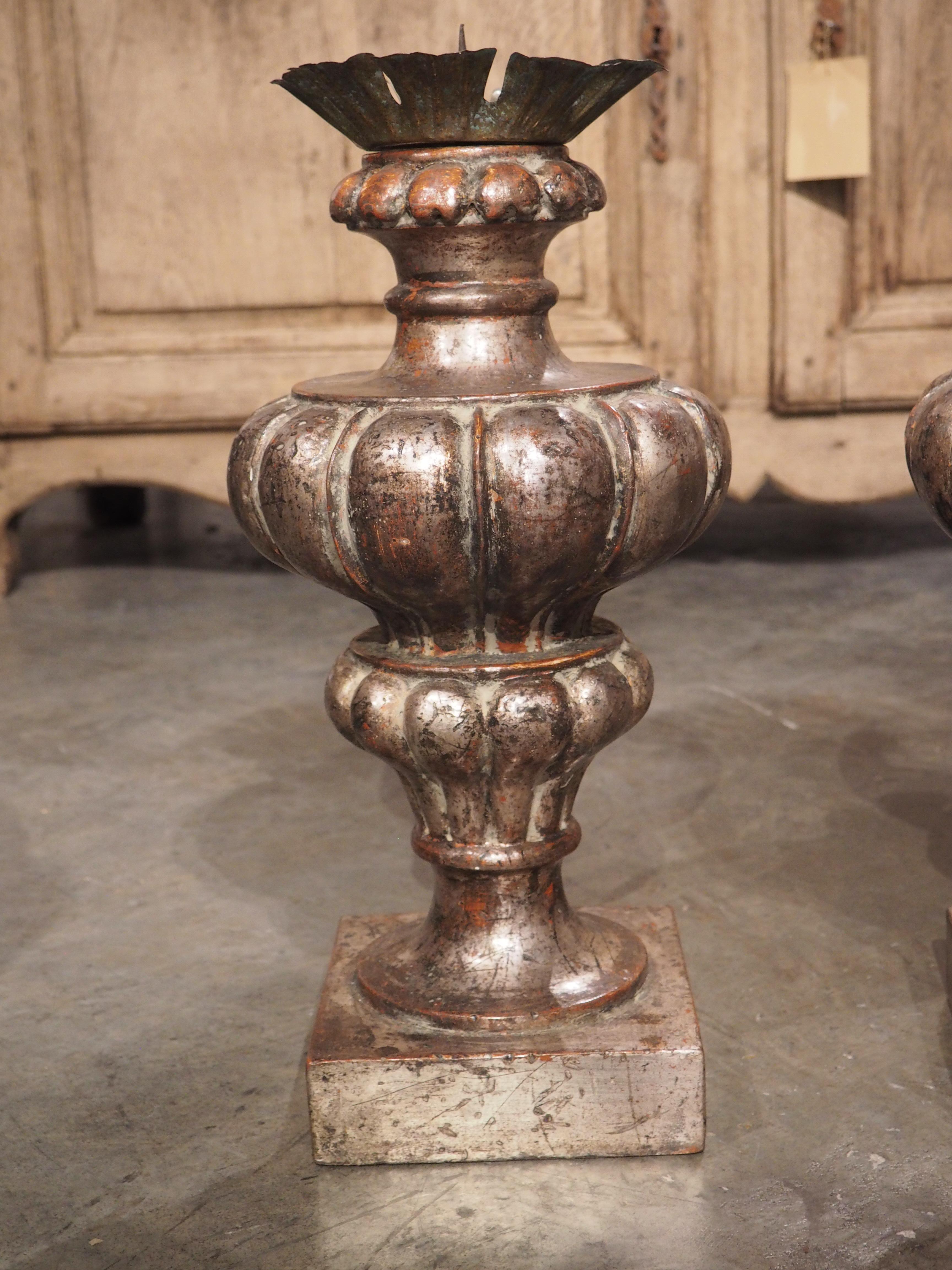 Italian Pair of Silver Giltwood Pricket Candlesticks from Tuscany, Italy For Sale