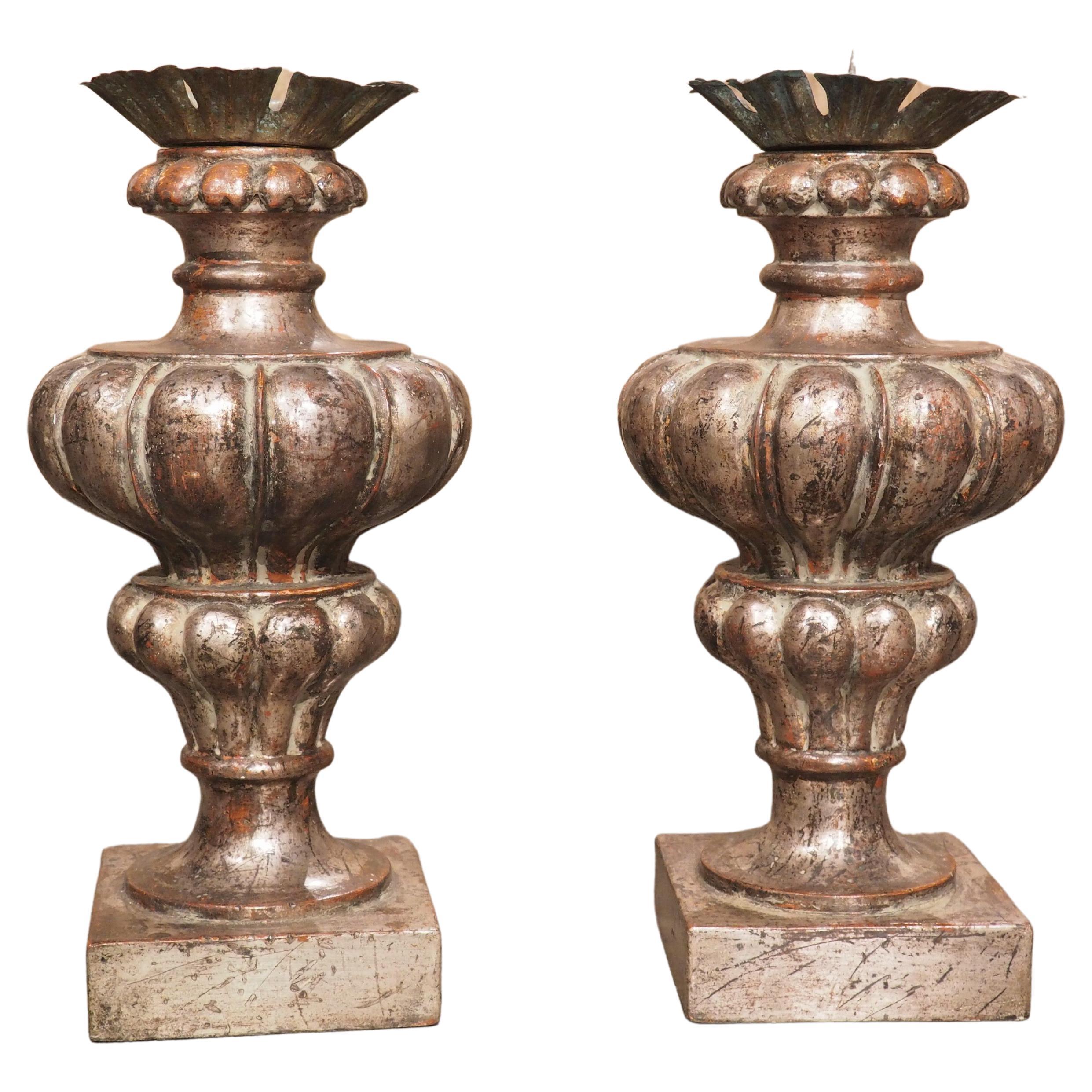 Pair of Silver Giltwood Pricket Candlesticks from Tuscany, Italy For Sale