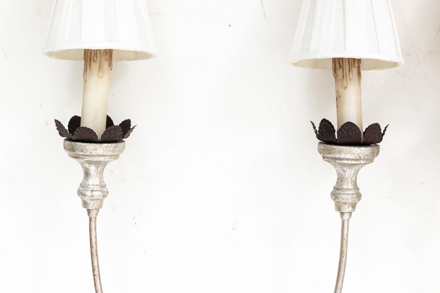 Hollywood Regency Pair of Silver Giltwood Sconces For Sale