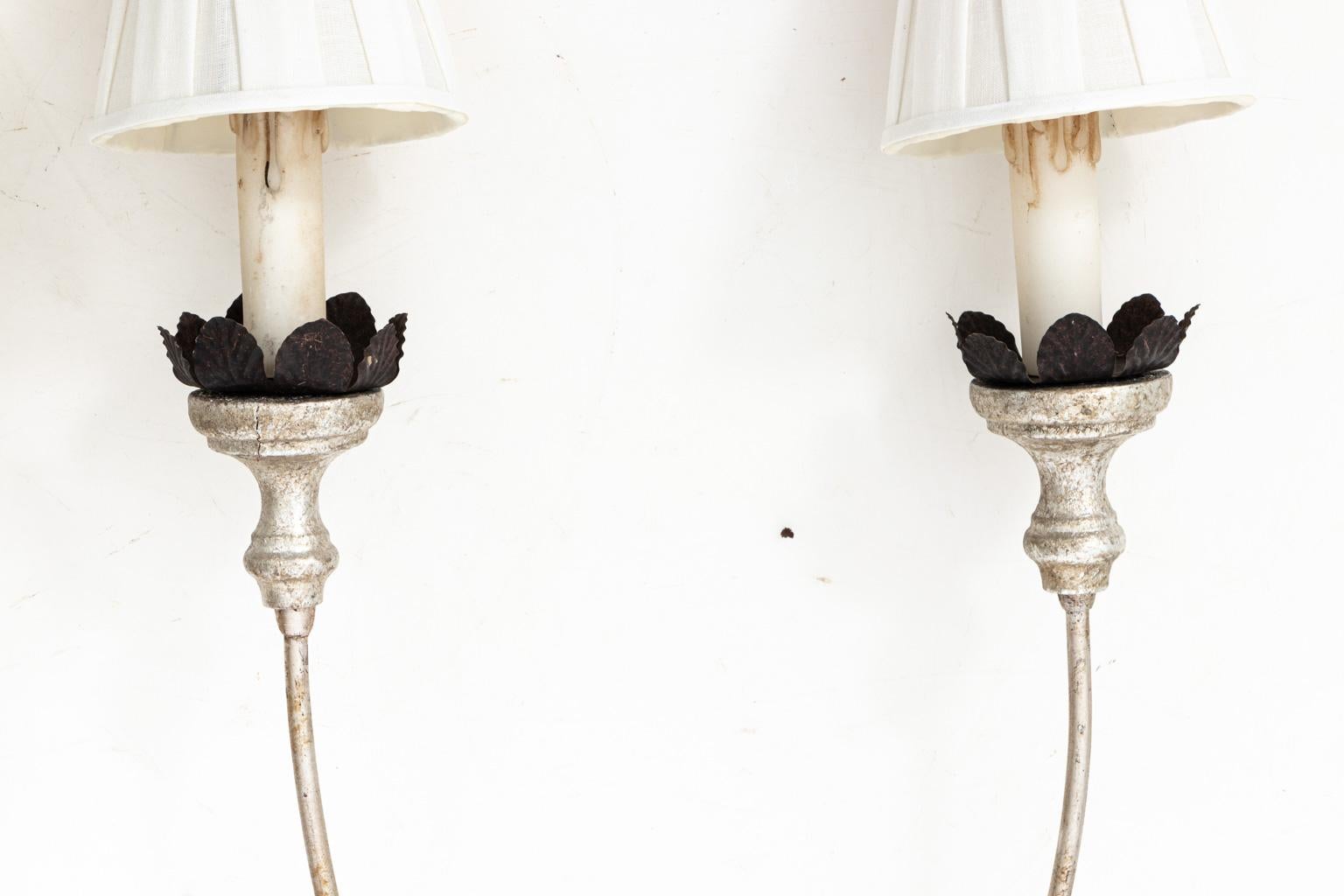 Metal Pair of Silver Giltwood Sconces For Sale