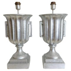 Paire de lampes urne en céramique émaillée argentée, années 1980