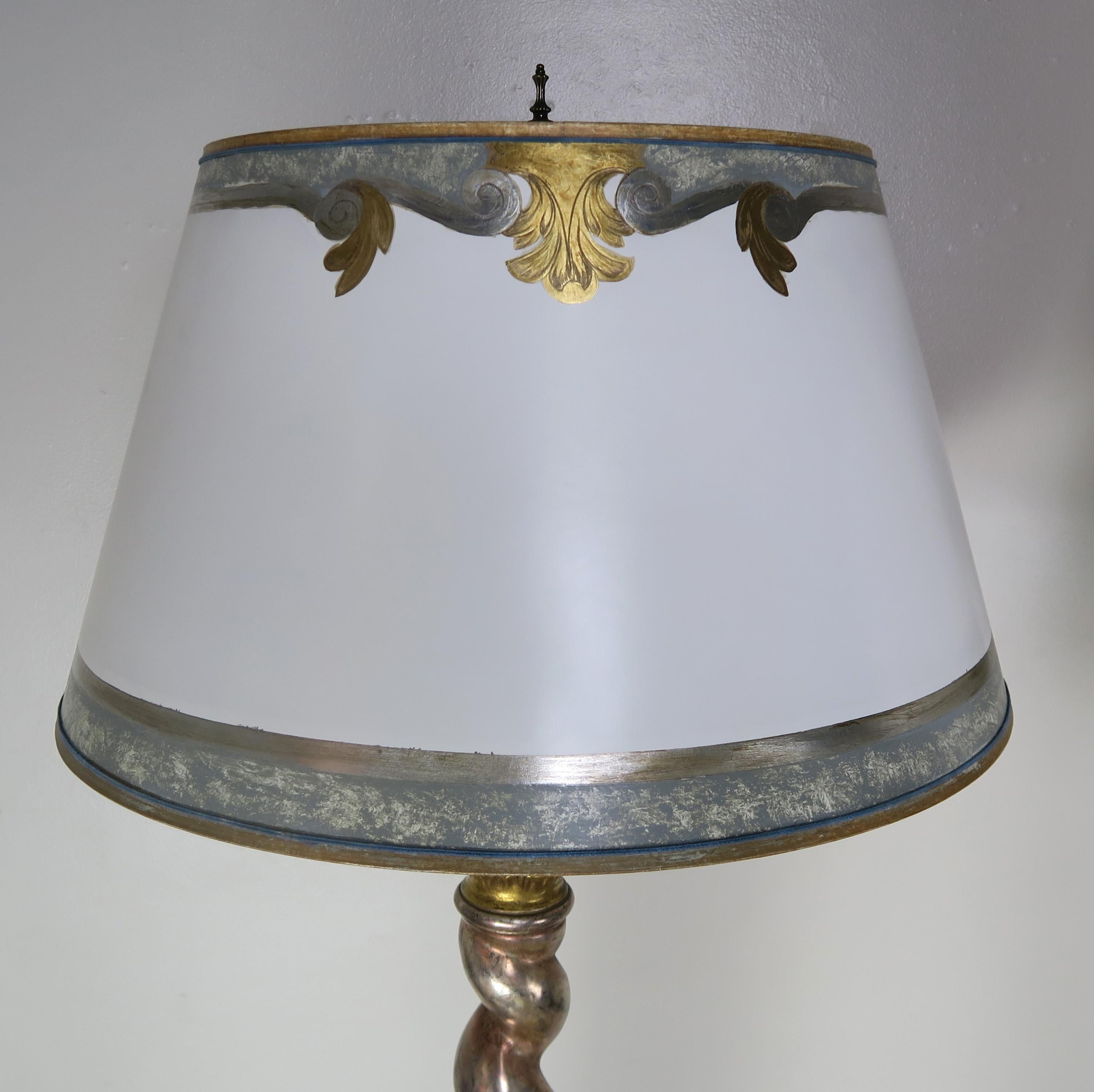 Pair of Silver & Gold Leaf Standing Lamps with Parchment Shades 1