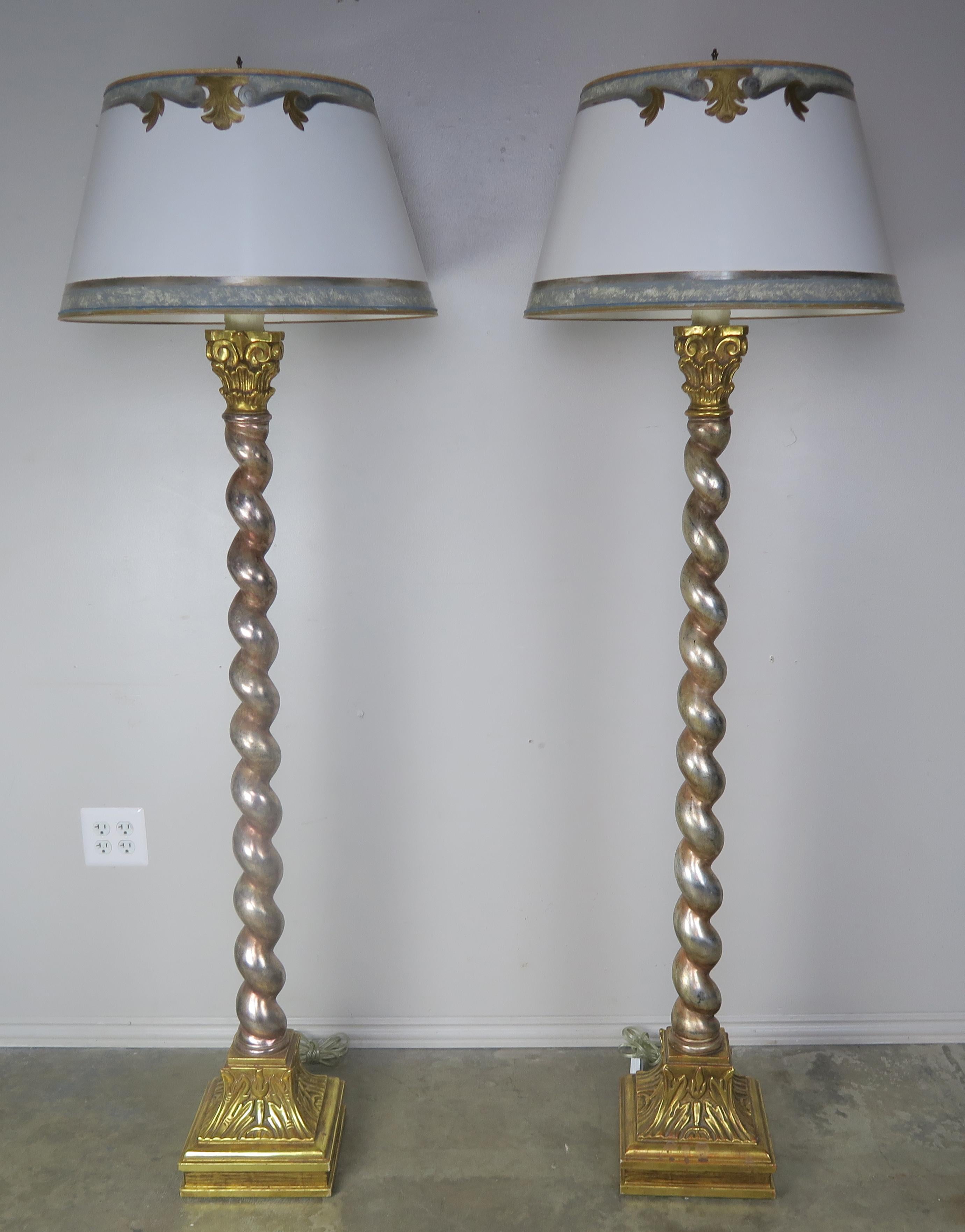 Pair of Silver & Gold Leaf Standing Lamps with Parchment Shades 2