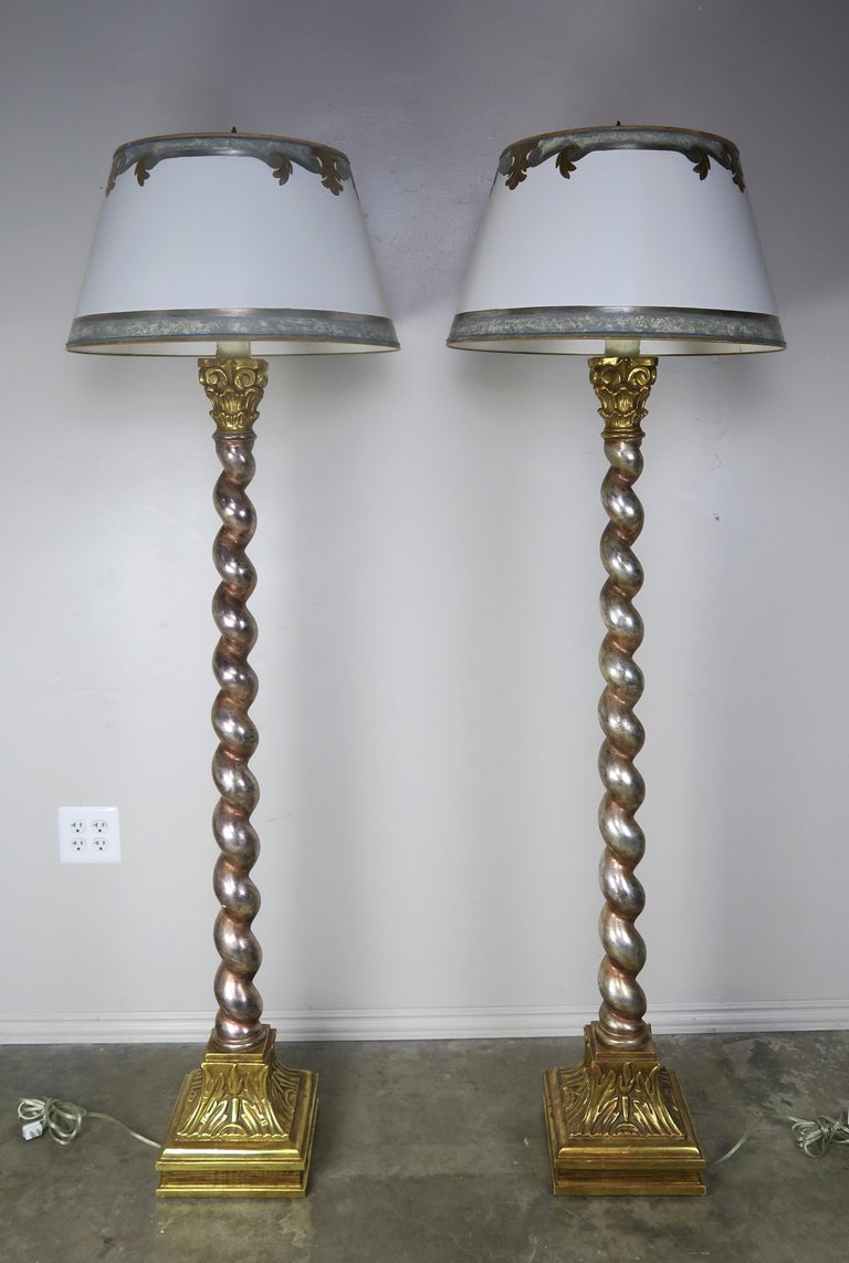 Pair of Silver and Gold Leaf Standing Lamps with Parchment Shades For