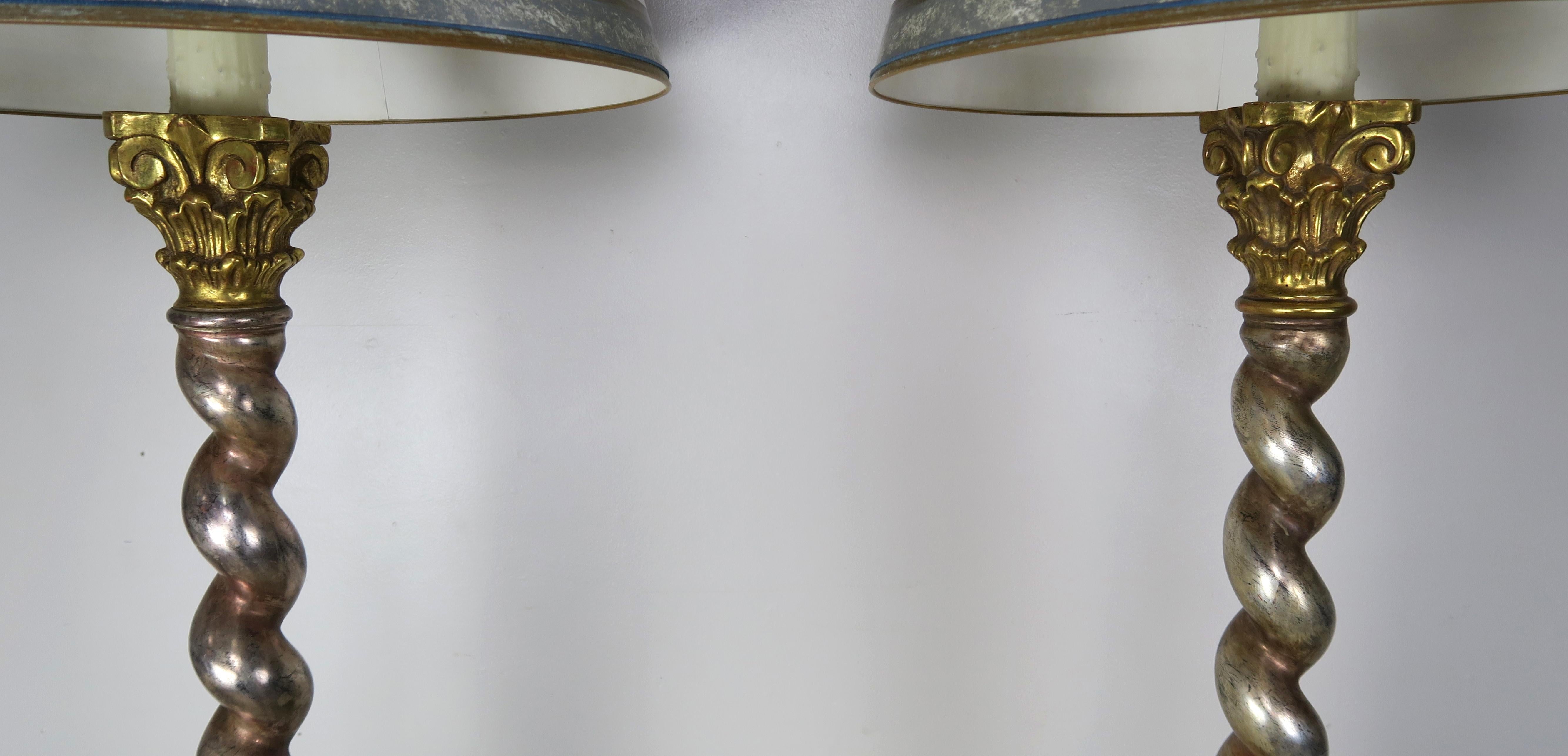 Neoclassical Pair of Silver & Gold Leaf Standing Lamps with Parchment Shades