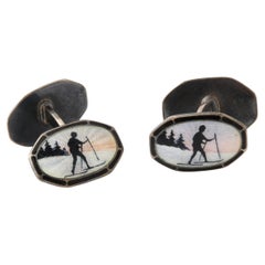 Pair of Silver & Guilloche Enameled Cufflinks Depicting Skiers by David Anderson