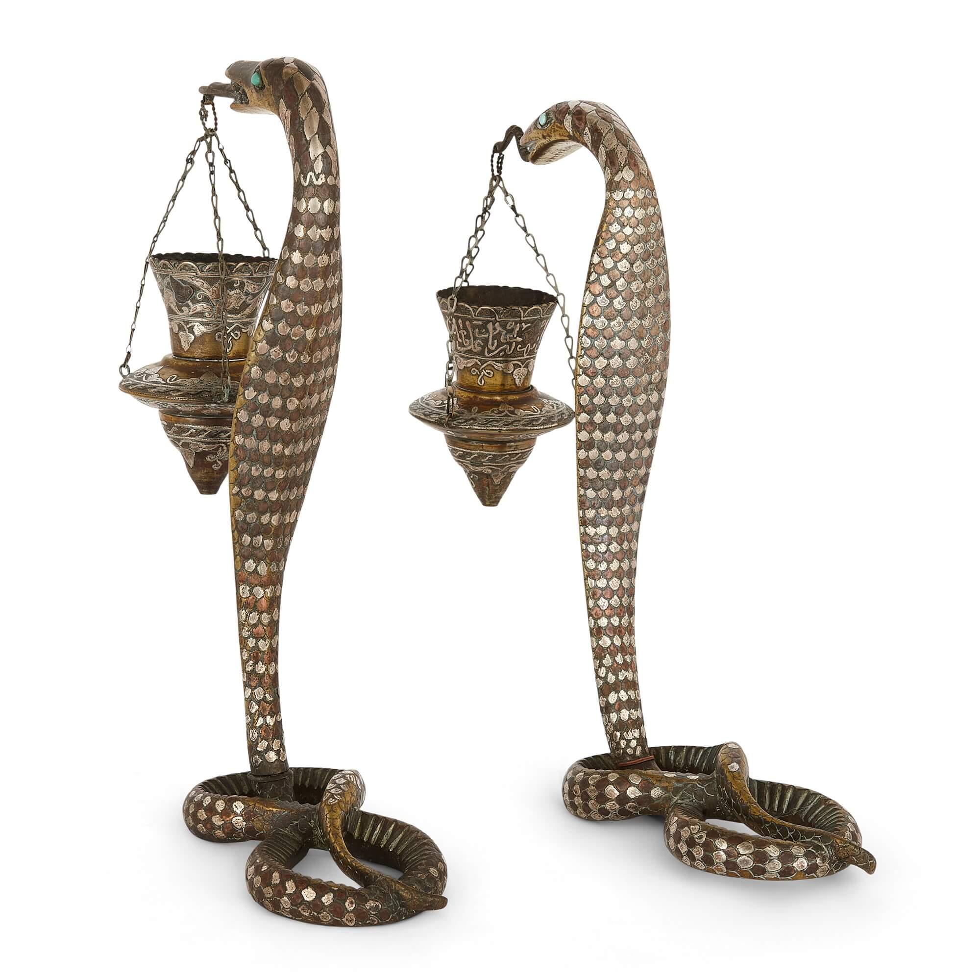 Inlay Pair of Silver-Inlaid Brass Art Deco Serpent Candle Holders For Sale