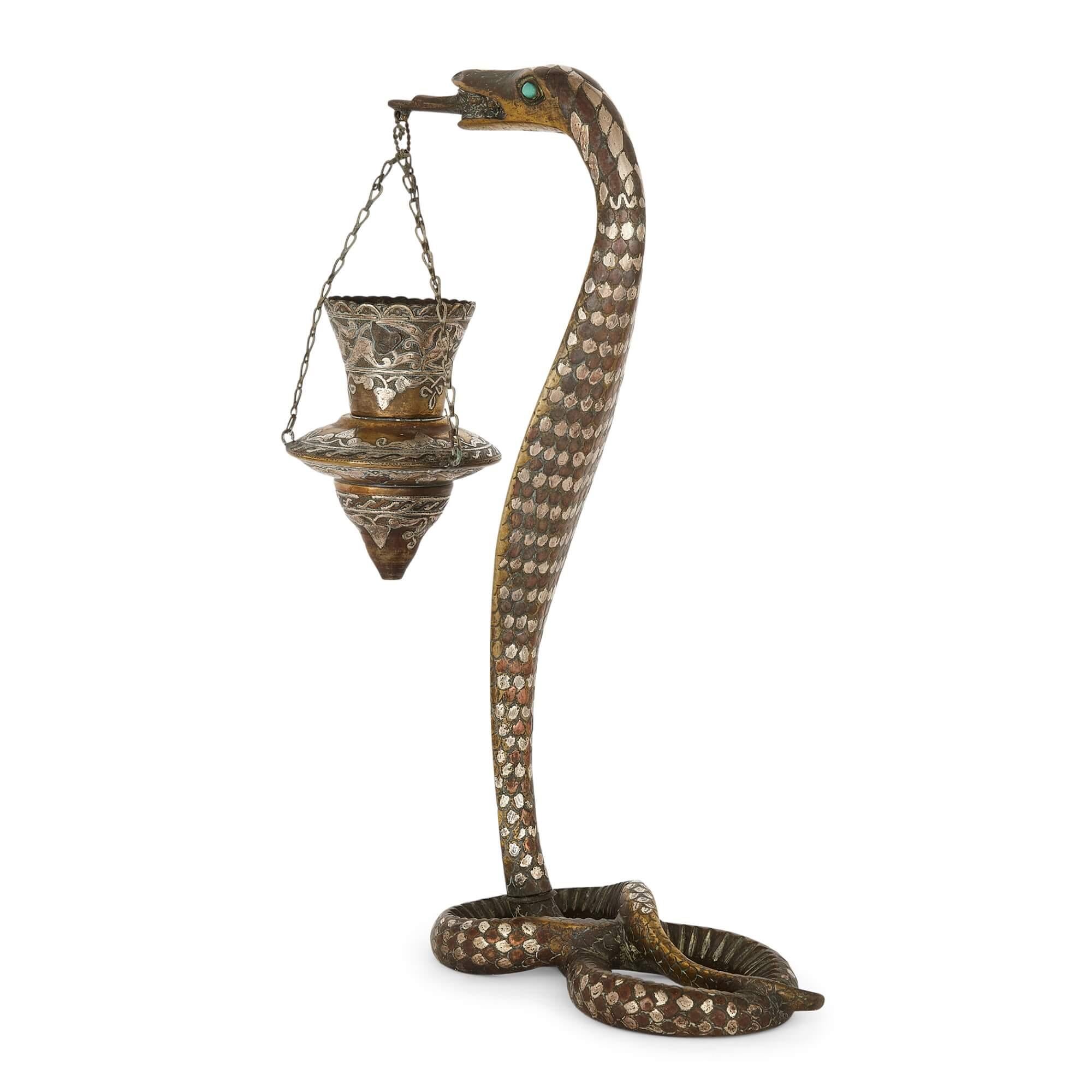 Pair of Silver-Inlaid Brass Art Deco Serpent Candle Holders In Good Condition For Sale In London, GB