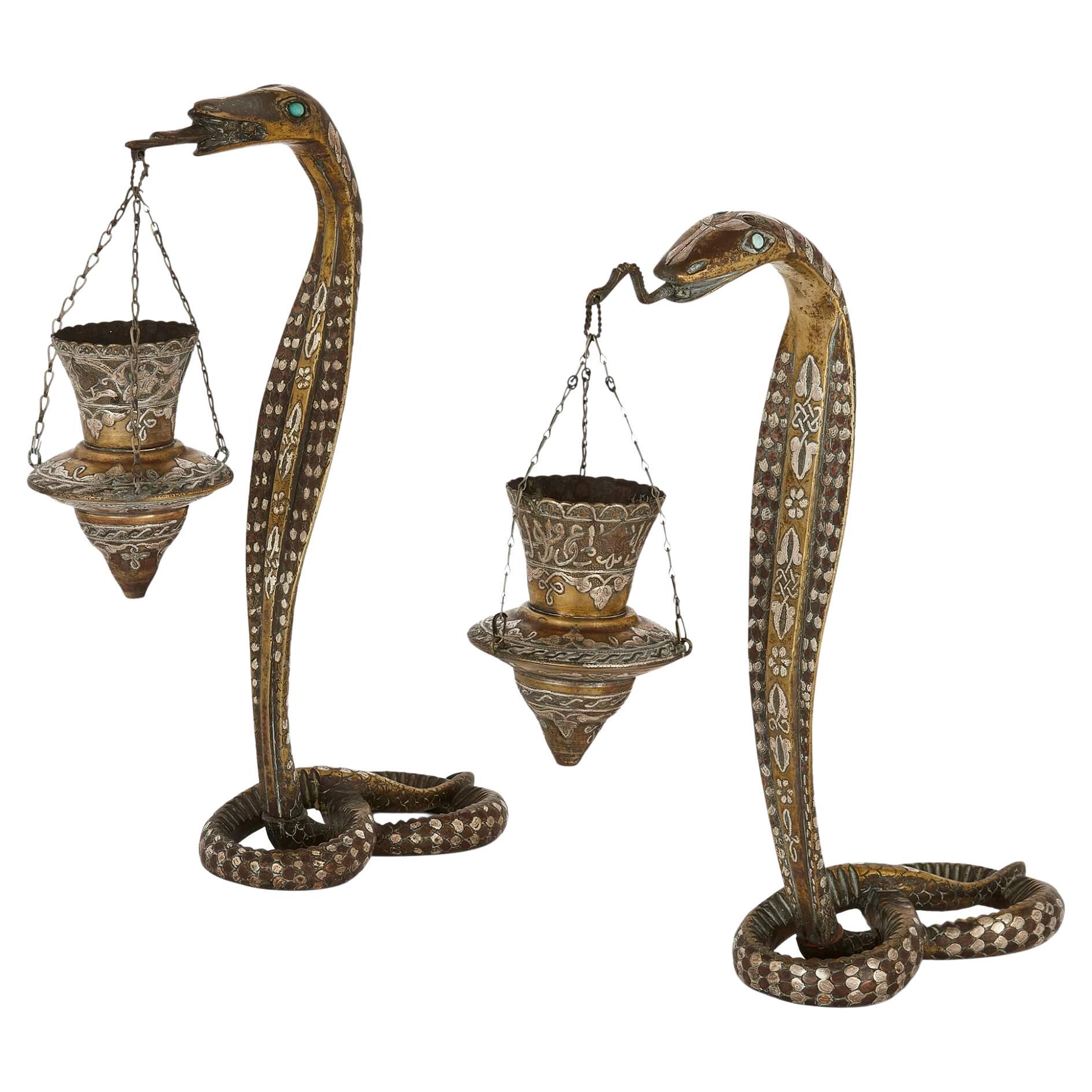 Pair of Silver-Inlaid Brass Art Deco Serpent Candle Holders For Sale