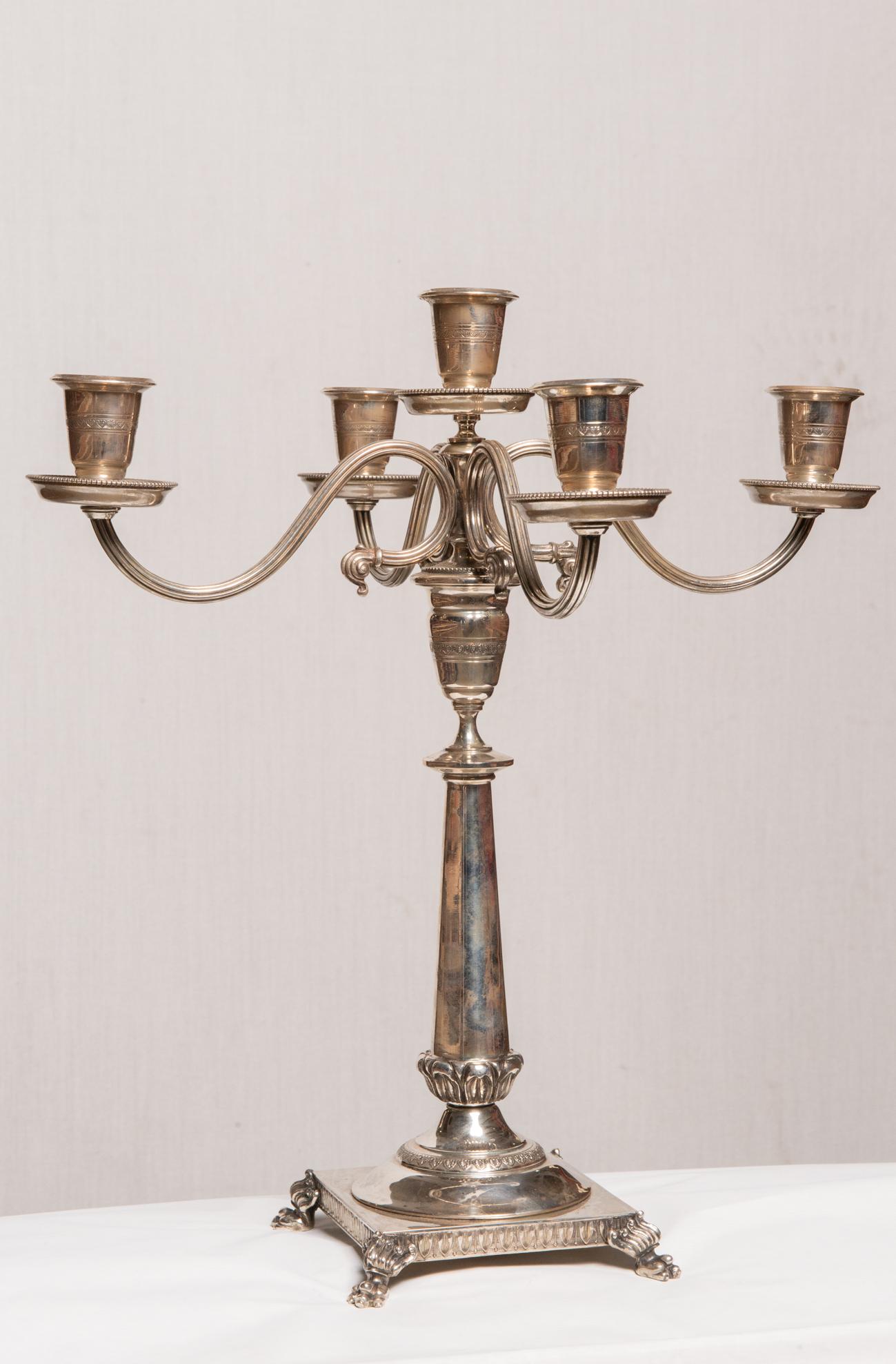 A/61 - Pair of silver Italian 5-flame candelabra in Empire style: very elegant, perfect ! 
No other comments. Also : that's a good price because I want close my activities.
Weight of silver: kg. 29,52 = libbre 65.080.

ref. A/61.