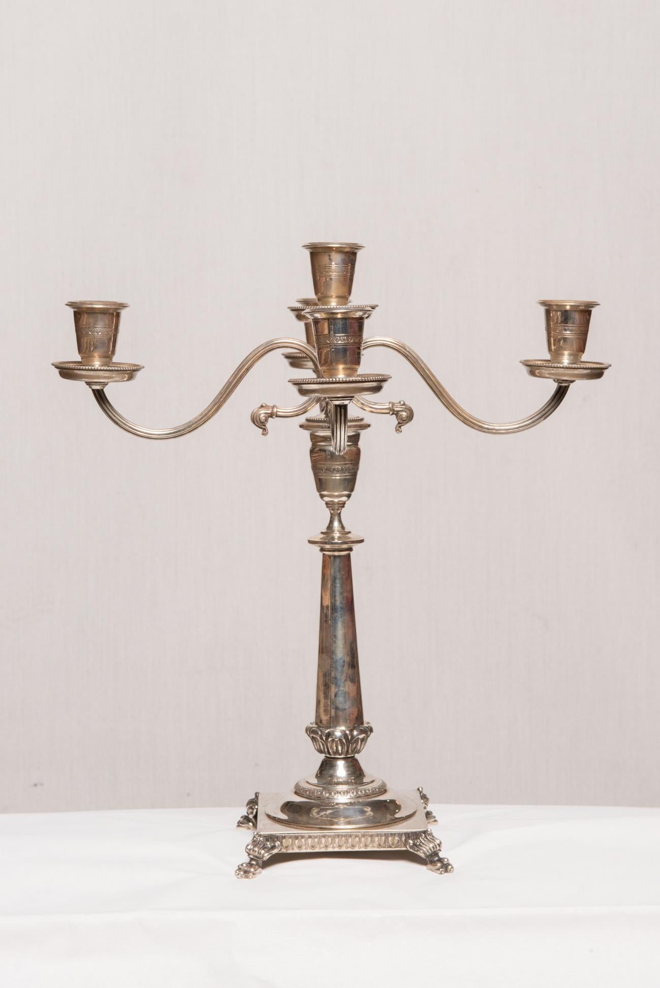 Empire Revival Pair of Silver Italian Candelabra or Candlestick