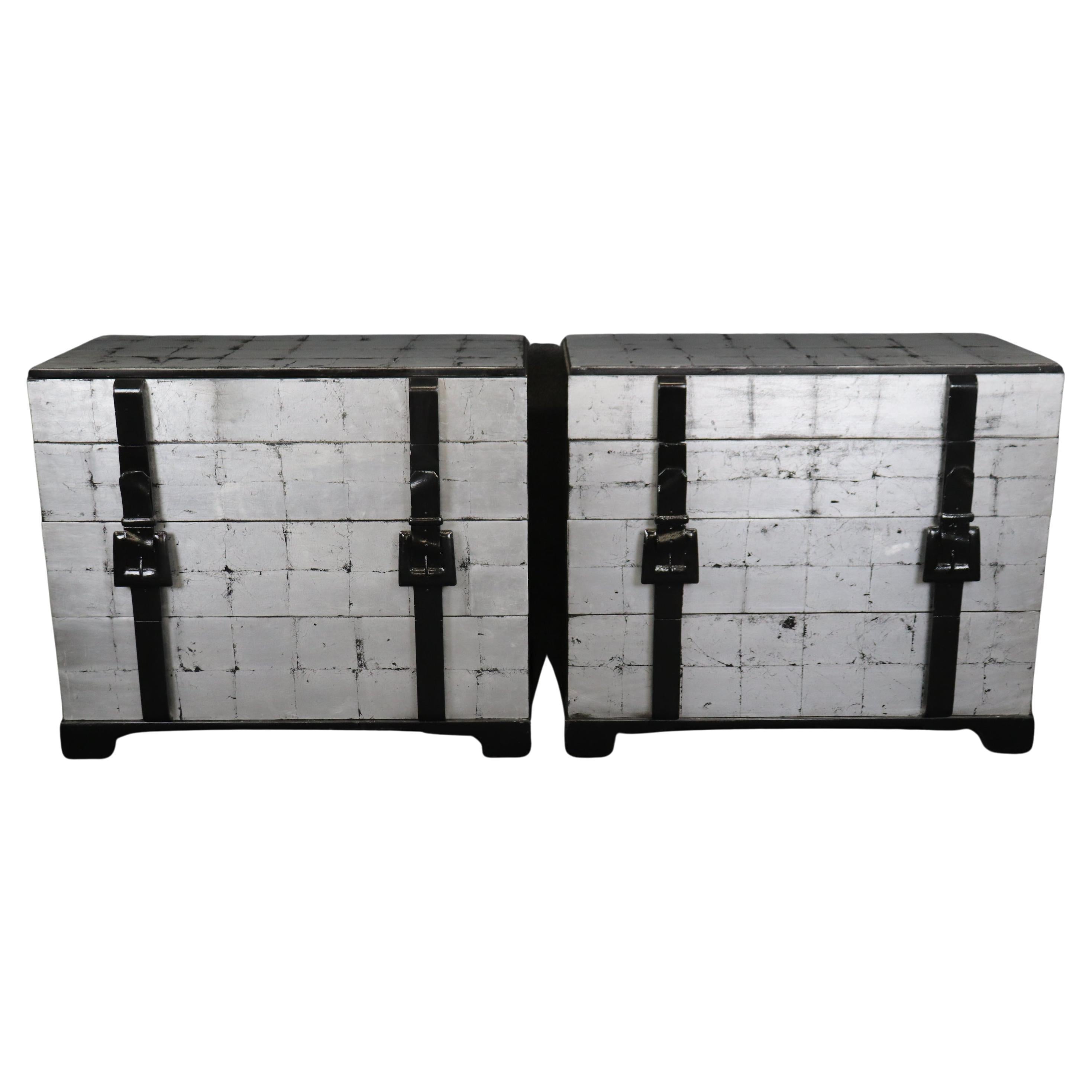 Pair of Silver Leaf Black Lacquer Cinguini attributed Dorothy Draper Commodes  For Sale