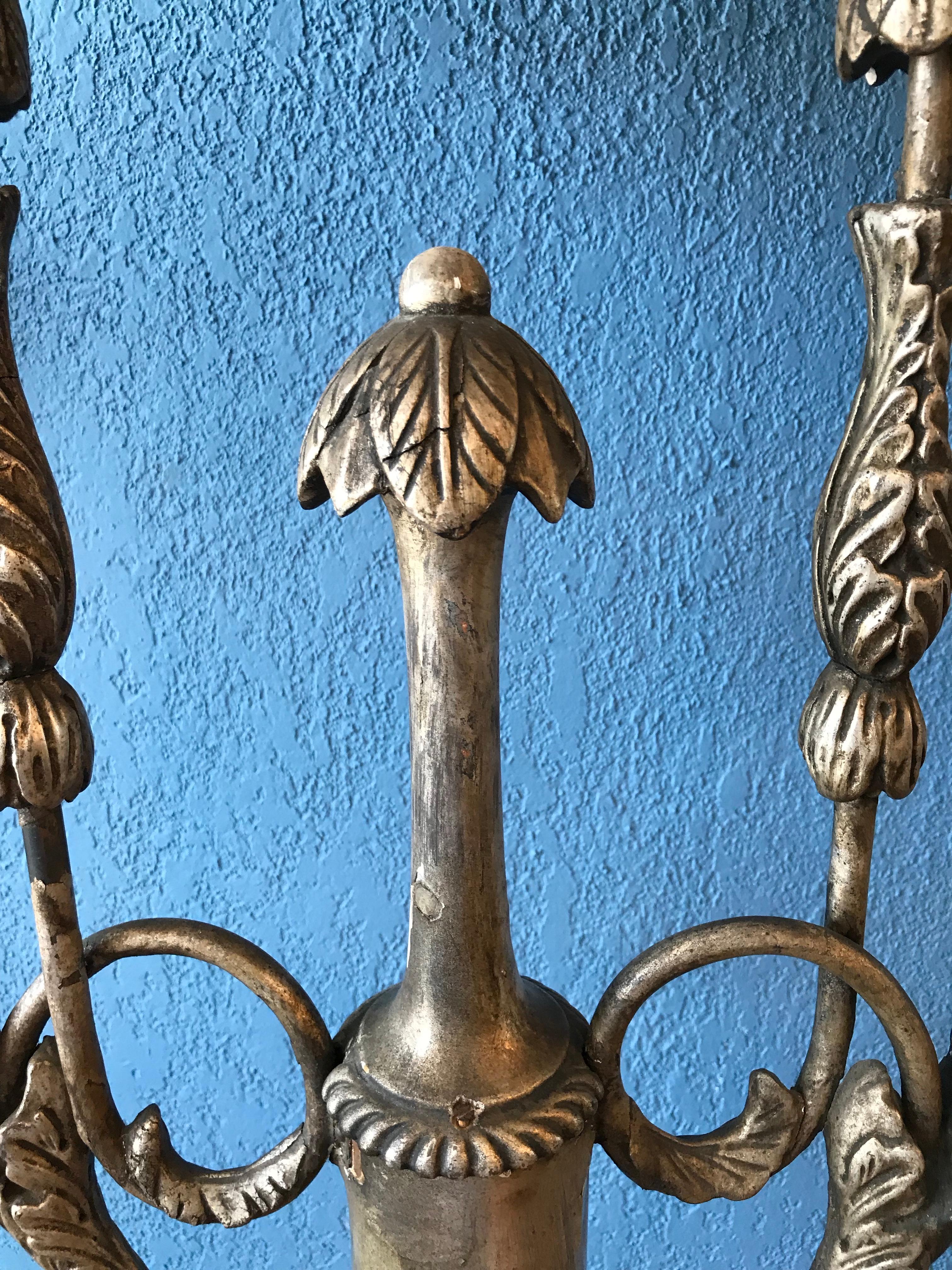 Pair of Silver-Leaf Carved Wood Torchieres / Floor Lamps For Sale 1