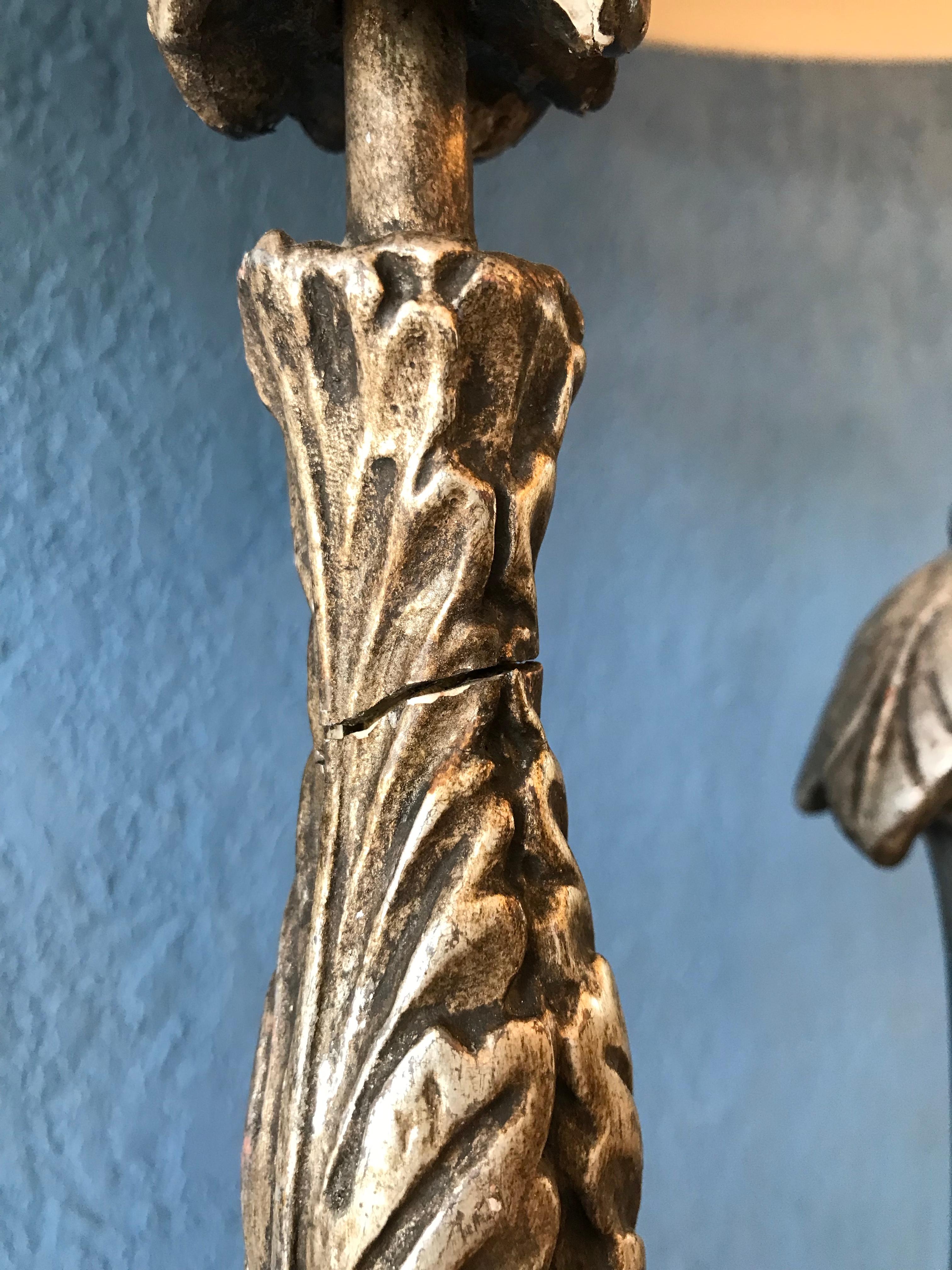 Pair of Silver-Leaf Carved Wood Torchieres / Floor Lamps For Sale 2