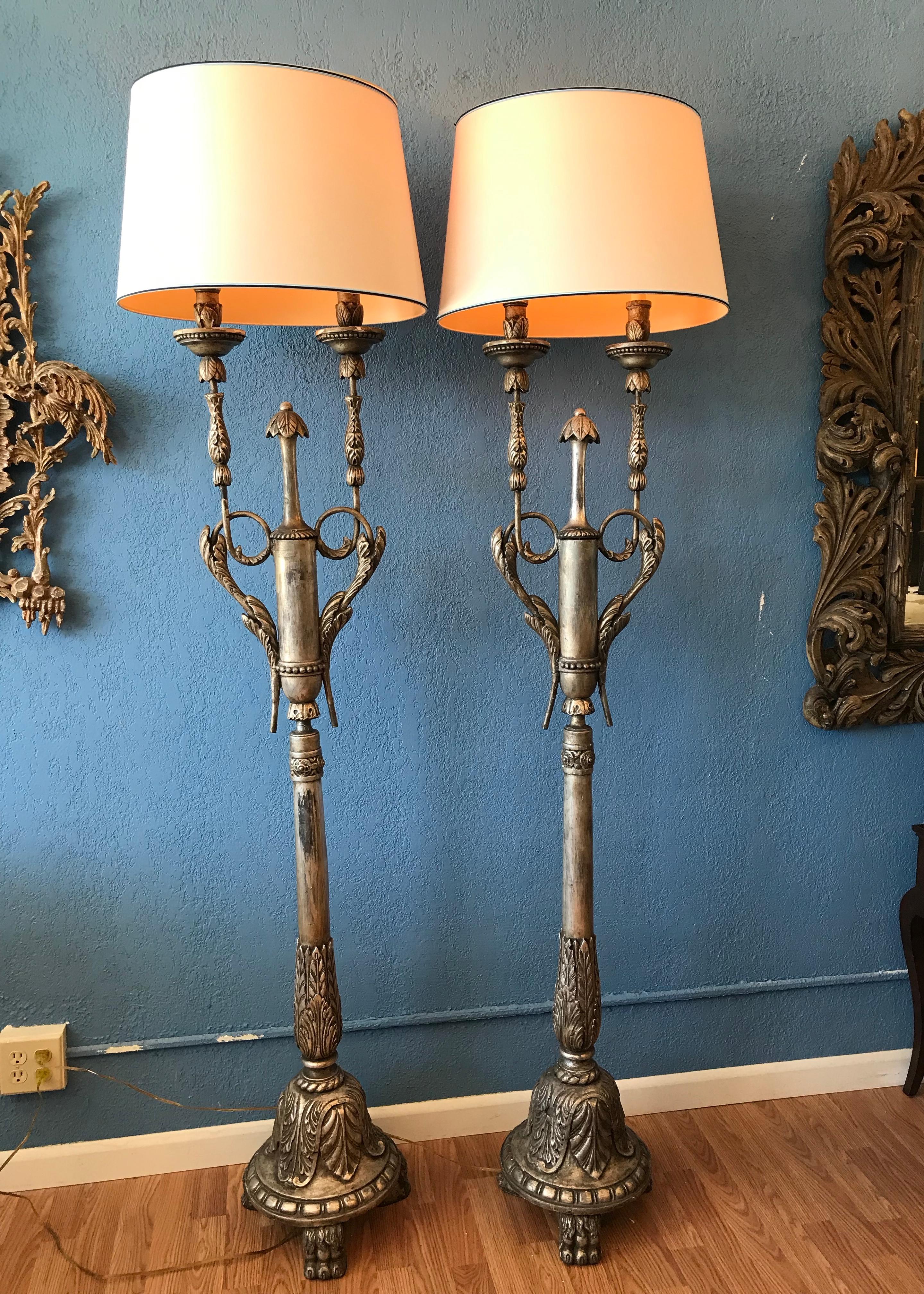 Pair of Silver-Leaf Carved Wood Torchieres / Floor Lamps For Sale 3