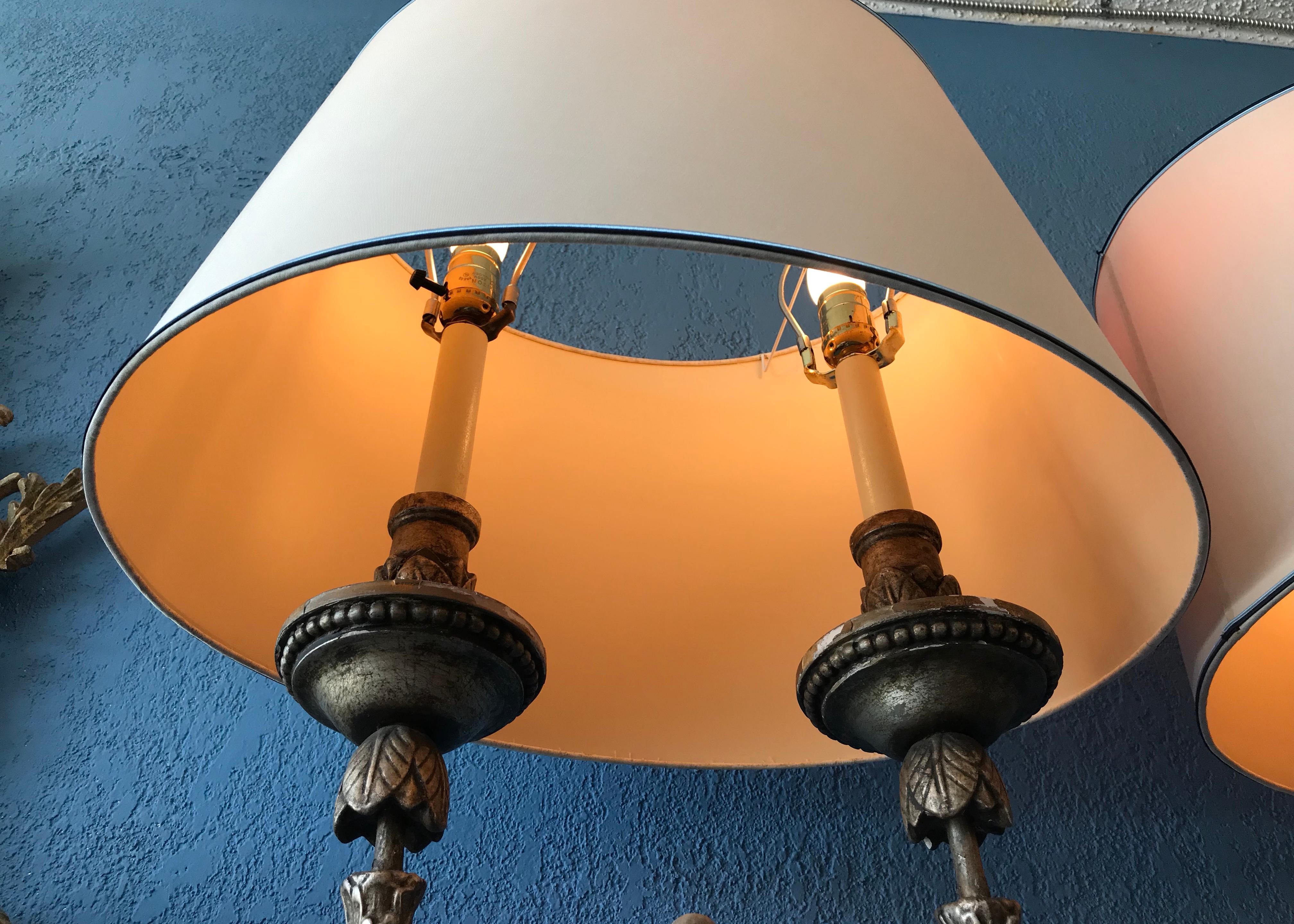Pair of Silver-Leaf Carved Wood Torchieres / Floor Lamps For Sale 3
