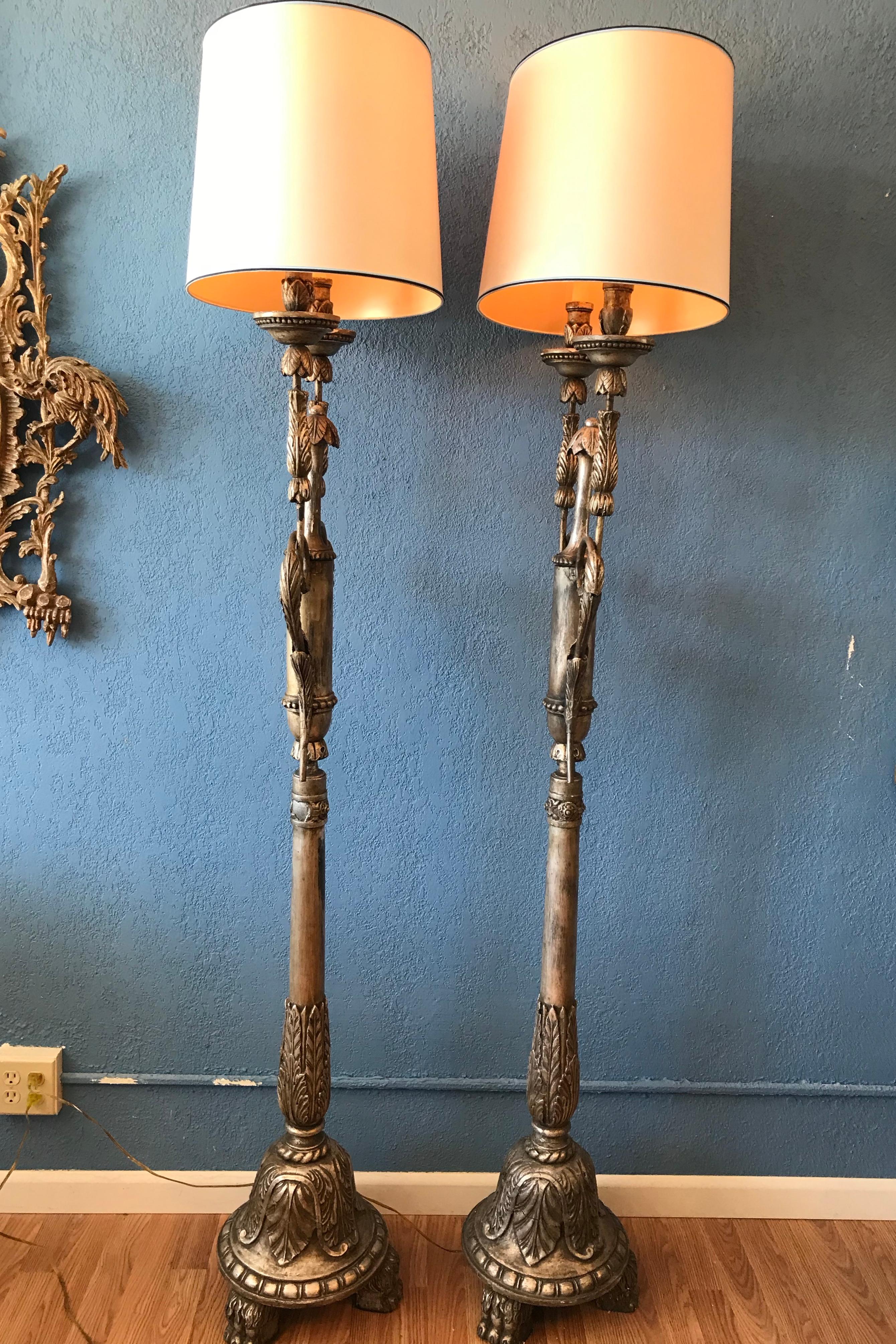 Pair of Silver-Leaf Carved Wood Torchieres / Floor Lamps For Sale 7