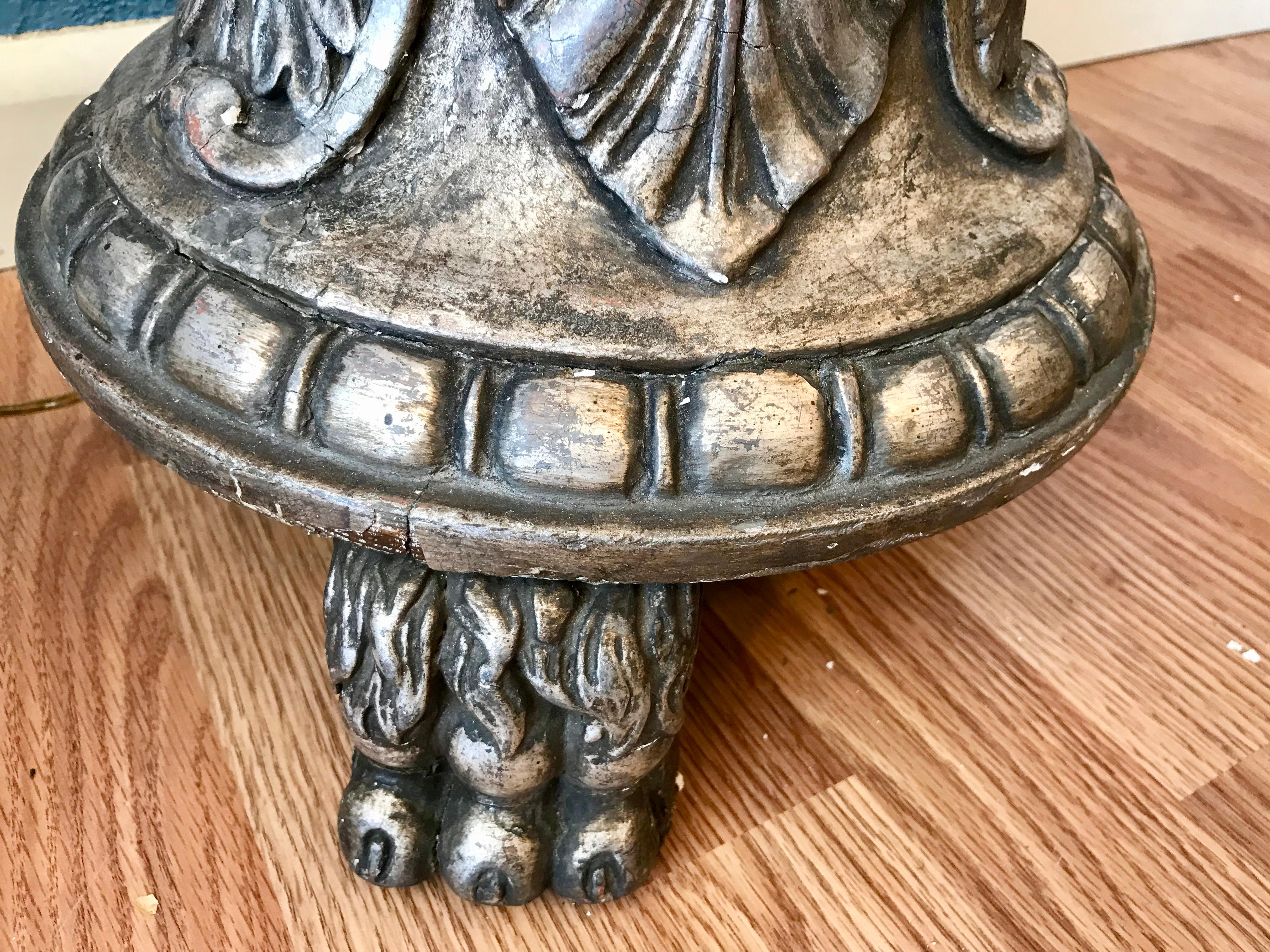 Pair of Silver-Leaf Carved Wood Torchieres / Floor Lamps For Sale 8