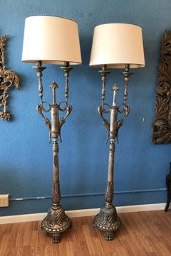 Pair of Silver-Leaf Carved Wood Torchieres / Floor Lamps