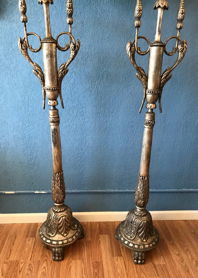 Pair of Silver-Leaf Carved Wood Torchieres / Floor Lamps For Sale at ...