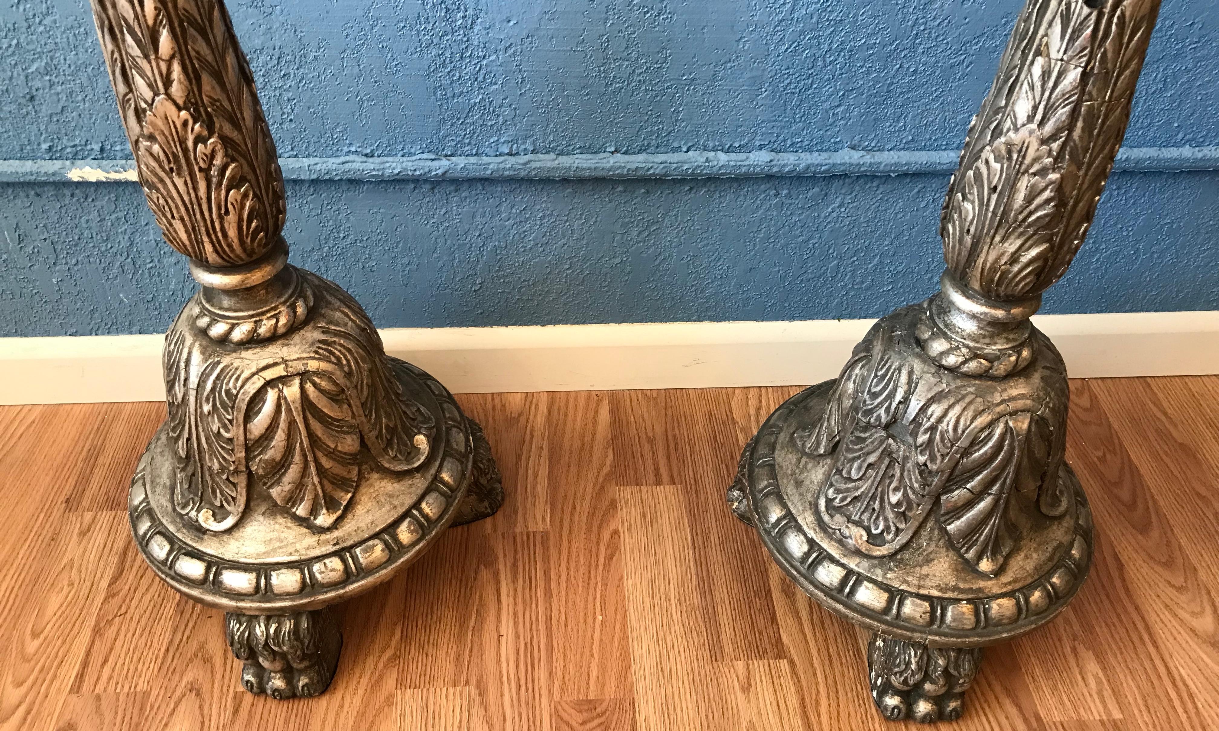 Italian Pair of Silver-Leaf Carved Wood Torchieres / Floor Lamps For Sale