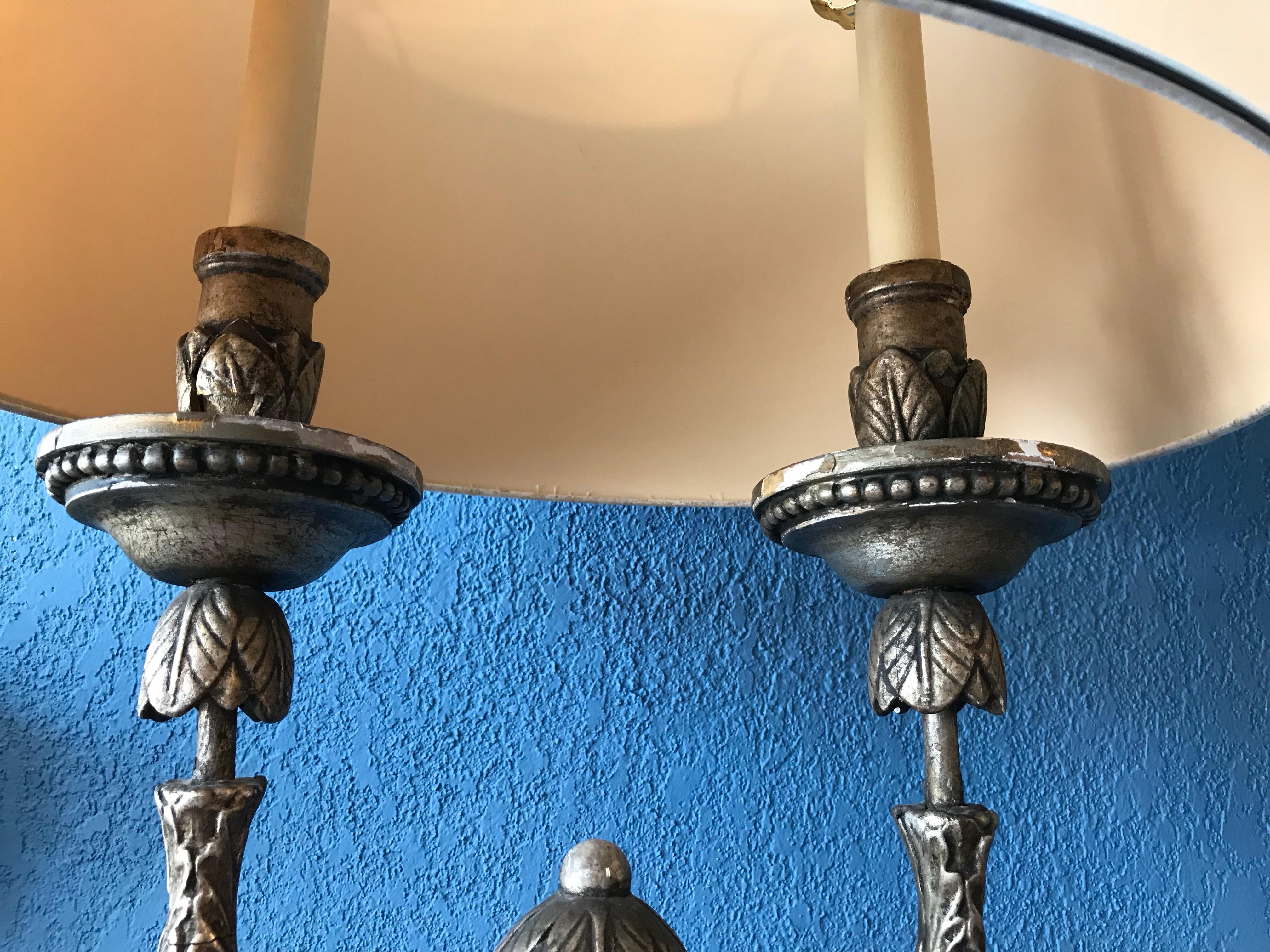 Mid-20th Century Pair of Silver-Leaf Carved Wood Torchieres / Floor Lamps For Sale