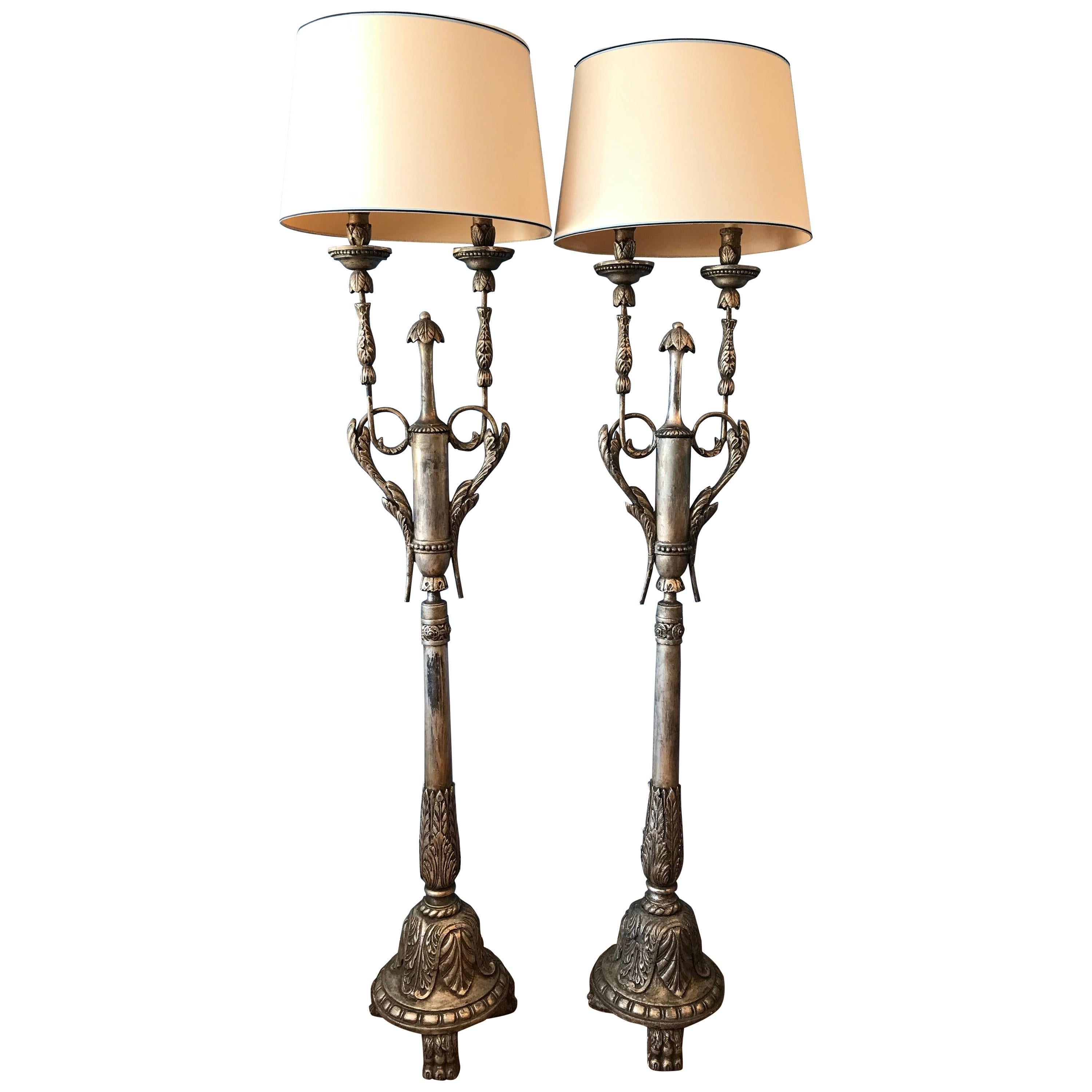 Pair of Silver-Leaf Carved Wood Torchieres / Floor Lamps For Sale