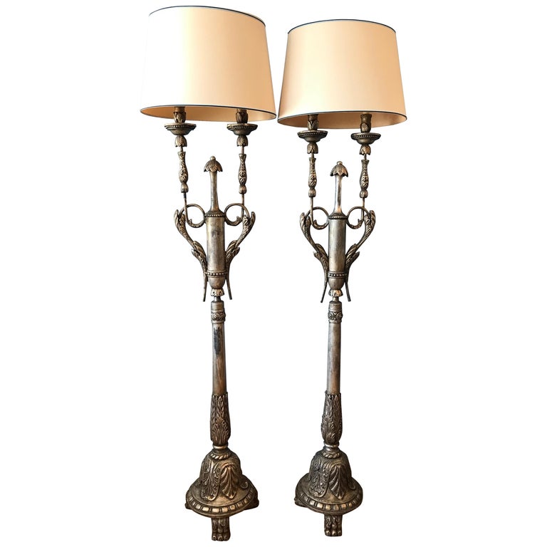 Pair of Silver-Leaf Carved Wood Torchieres / Floor Lamps For Sale at ...
