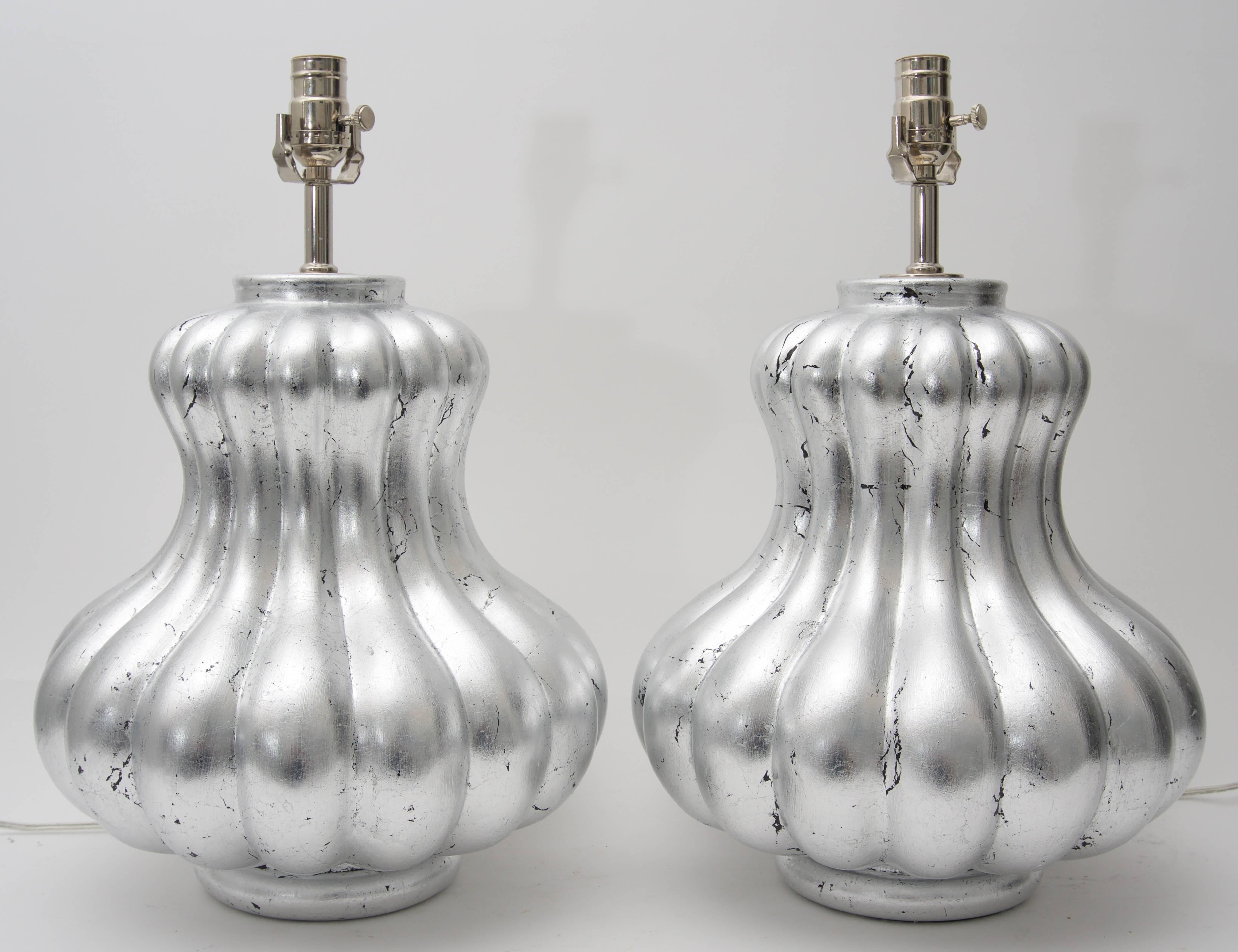 Modern Pair of Silver Leaf Table Lamps