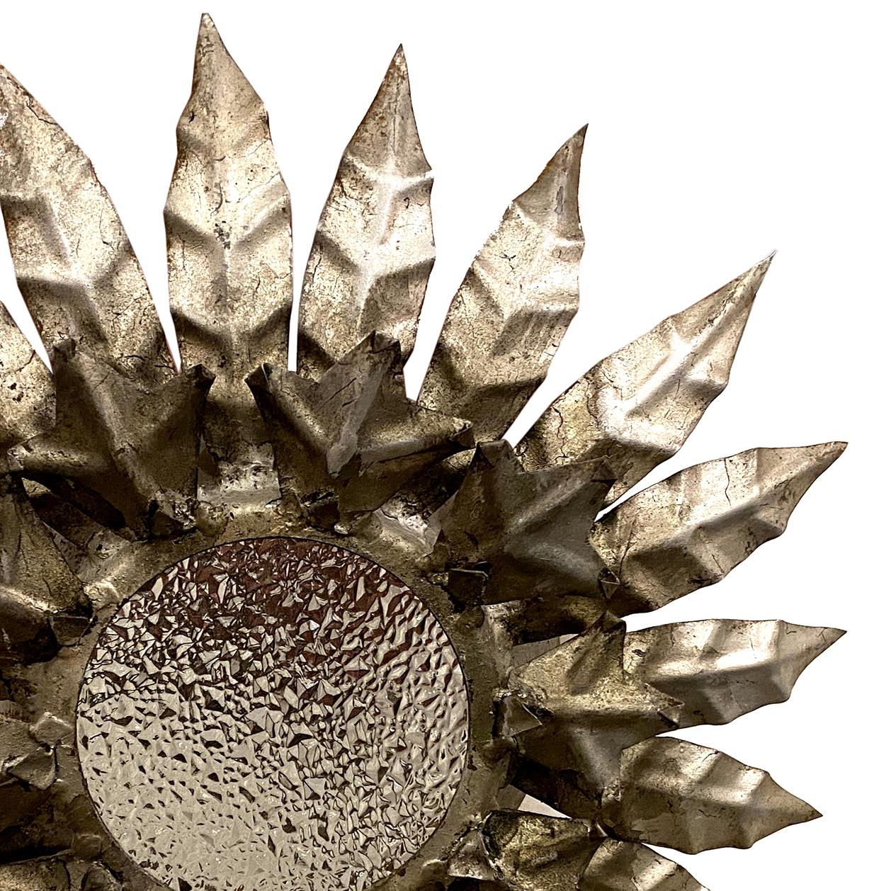 Mid-20th Century Pair of Silver Leaf Sunburst Light Fixtures, Sold Individually For Sale