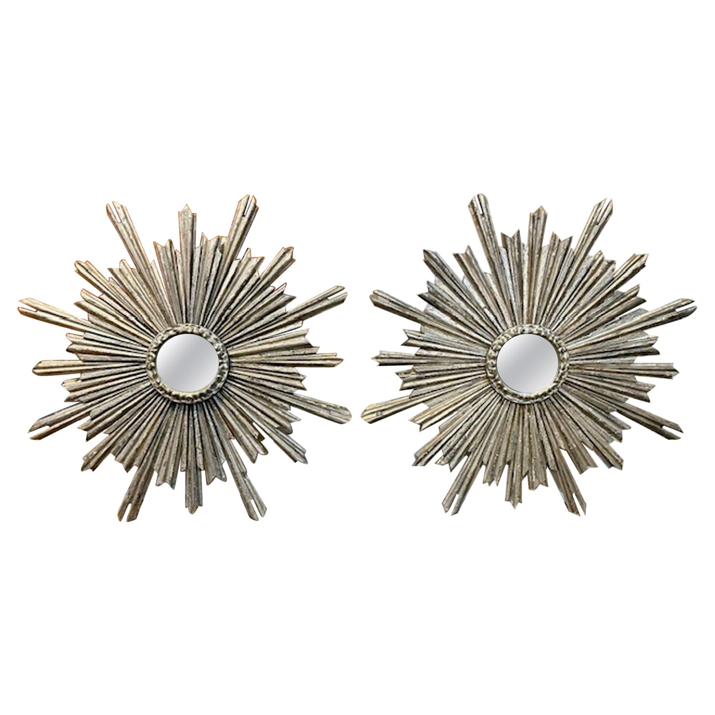 Paire de miroirs Sunburst à feuilles d'argent