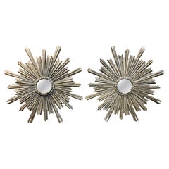 Paire de miroirs Sunburst à feuilles d'argent