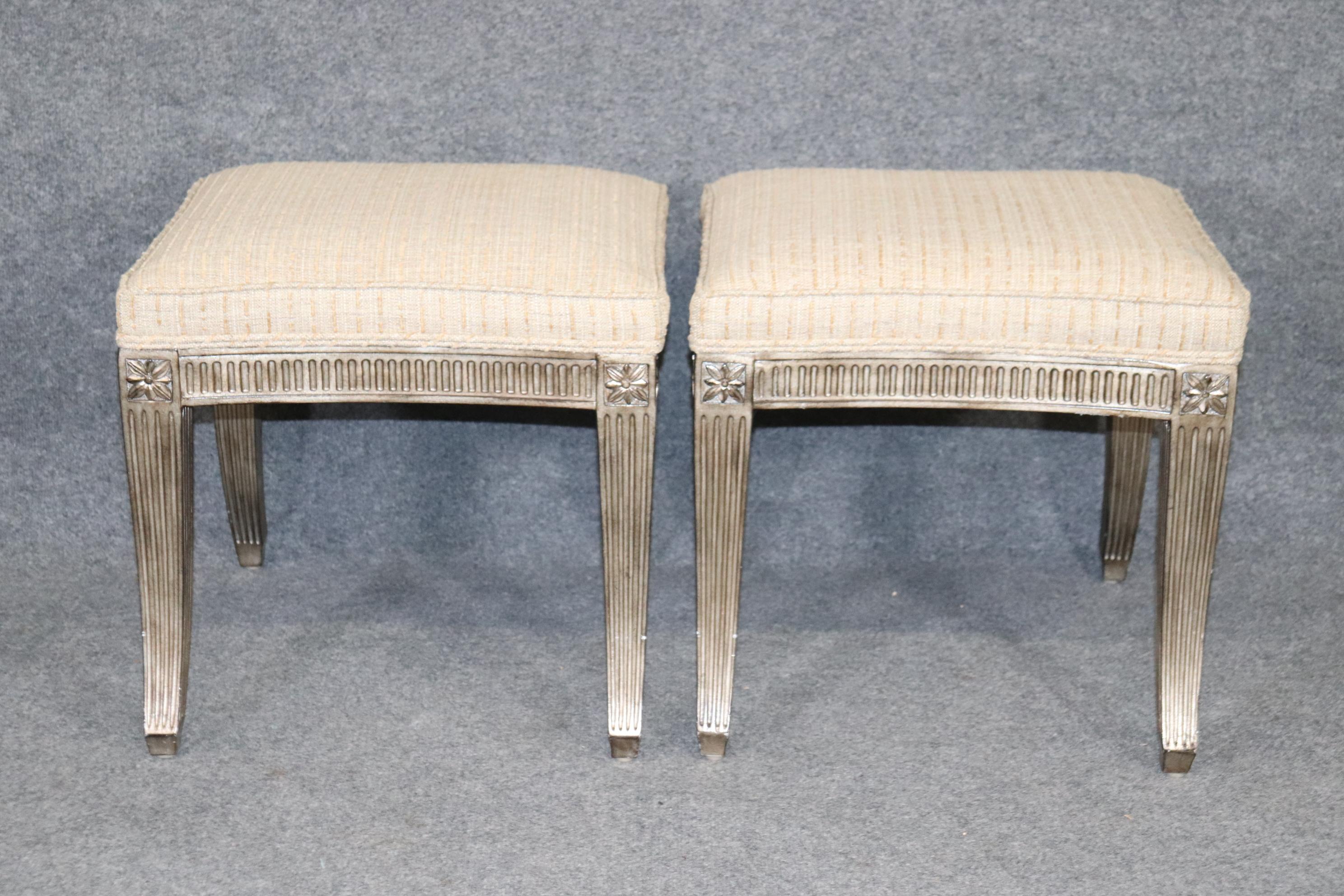 Pair of Silver Leaf Upholstered Sabre Leg French Directoire Stools  In Good Condition In Swedesboro, NJ