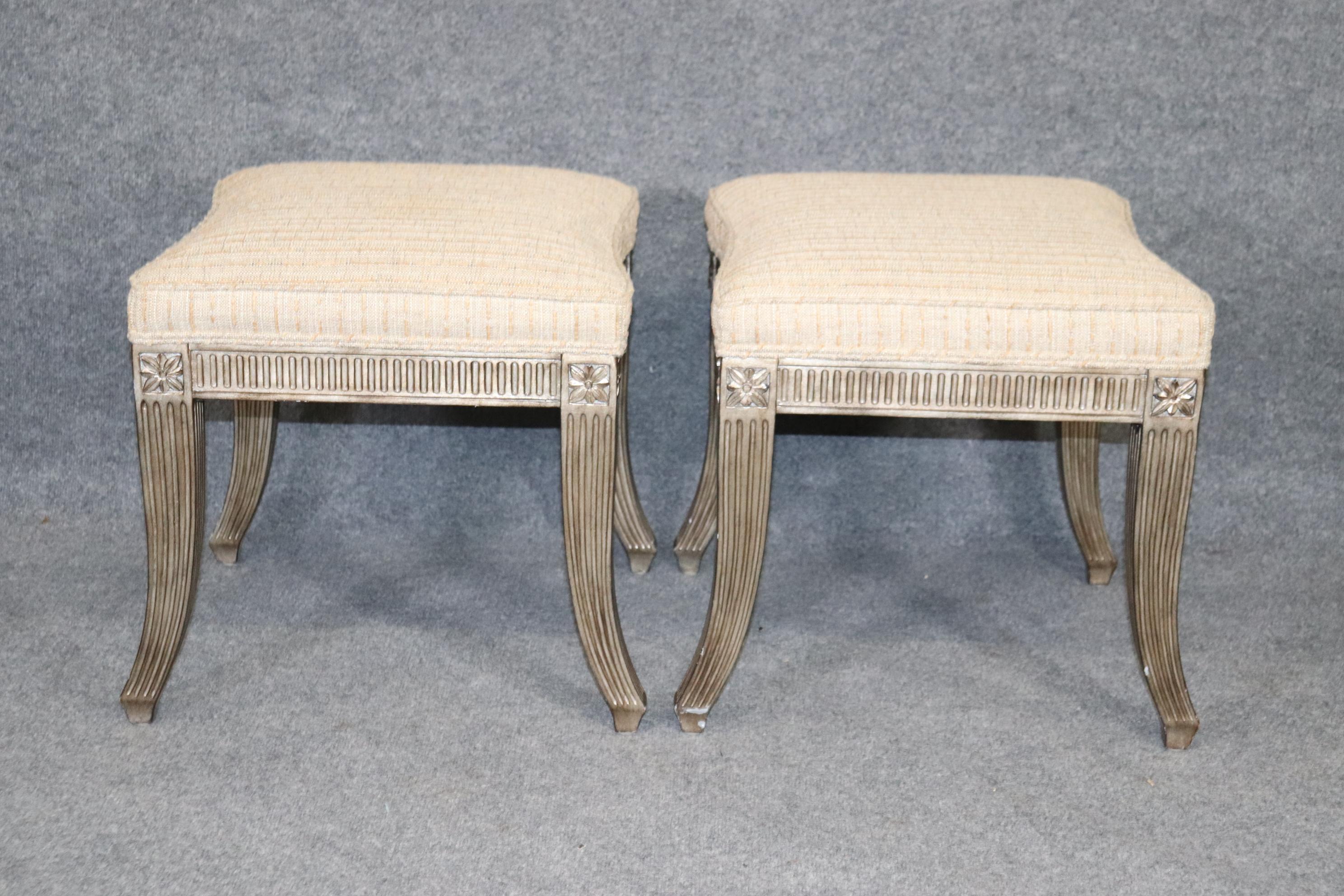 Late 20th Century Pair of Silver Leaf Upholstered Sabre Leg French Directoire Stools 