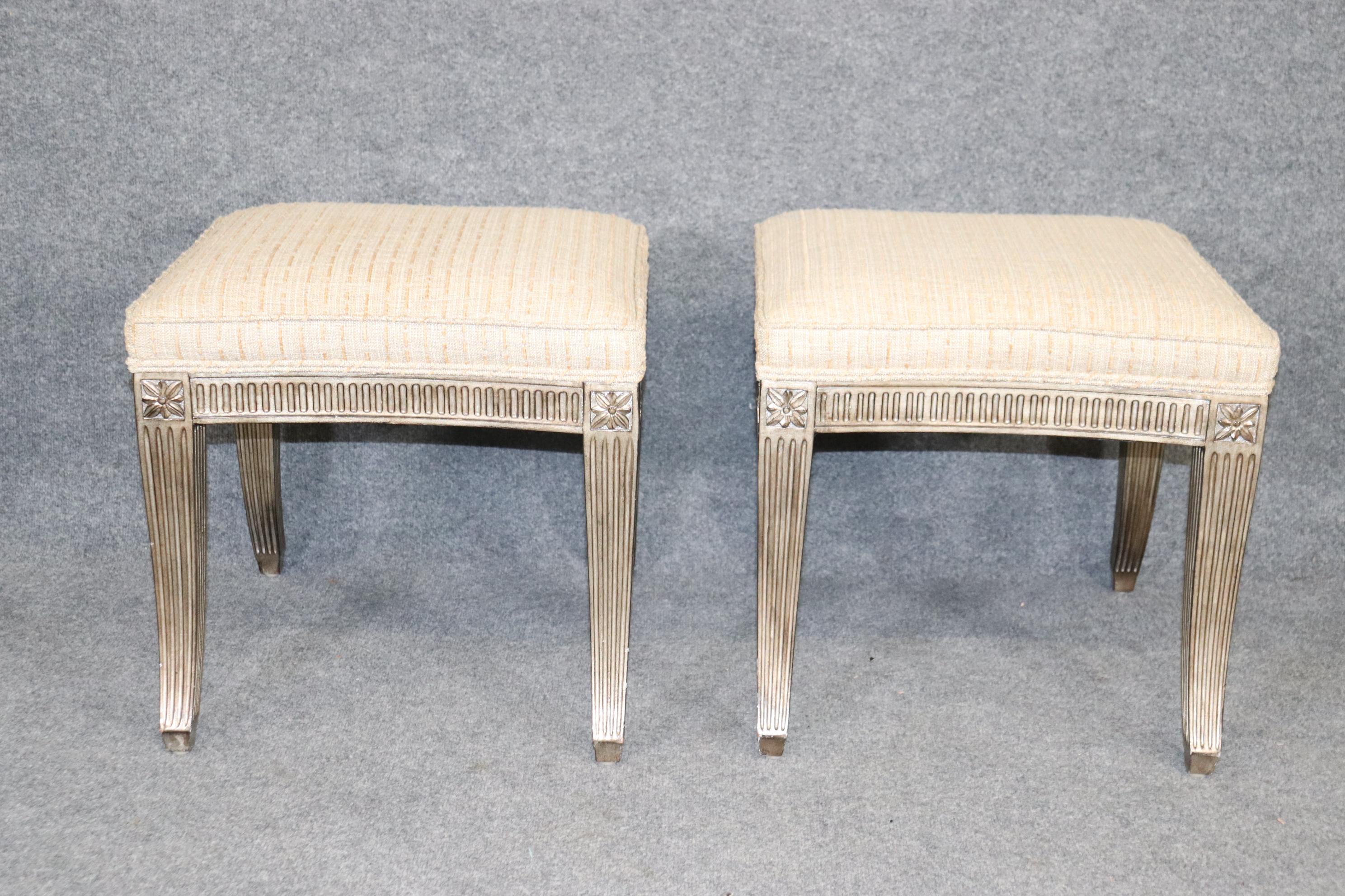 Walnut Pair of Silver Leaf Upholstered Sabre Leg French Directoire Stools 